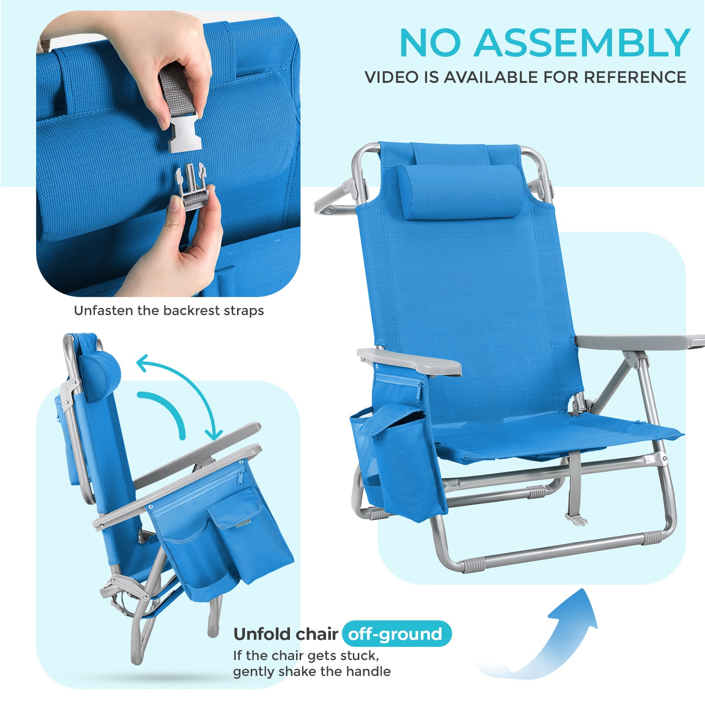 Foldable Beach Chair, 5-Position Lay Flat Reclining Beach Chair W/ Headrest, Storage Bag, Cooler Pouch,Towel Bar, Foot Mat