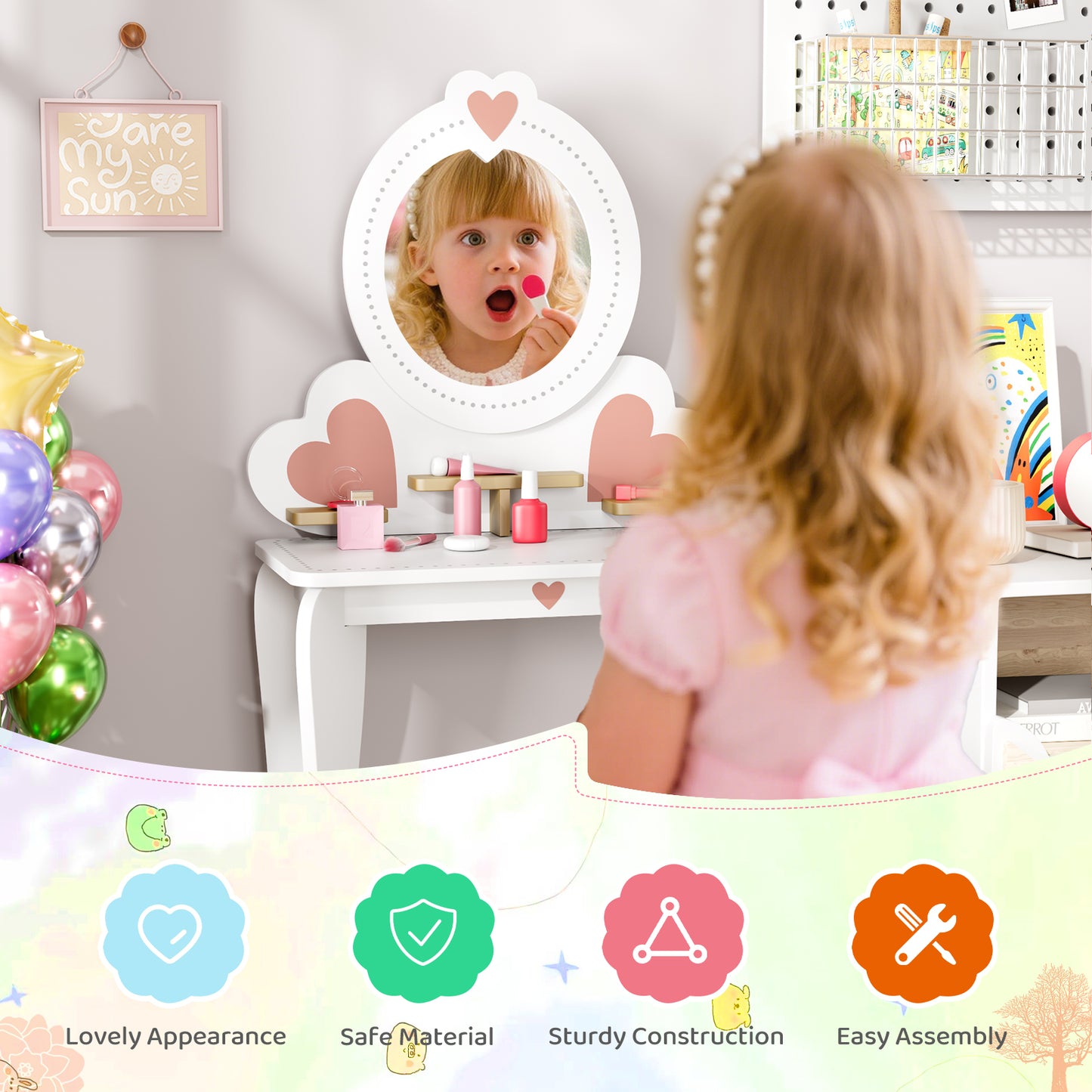 Pirecart Kids Vanity Makeup Table & Chair Set Make Up Stool Play Set for Children, Toddler Makeup Toy with 8 Pcs Accessories for Pretend Play