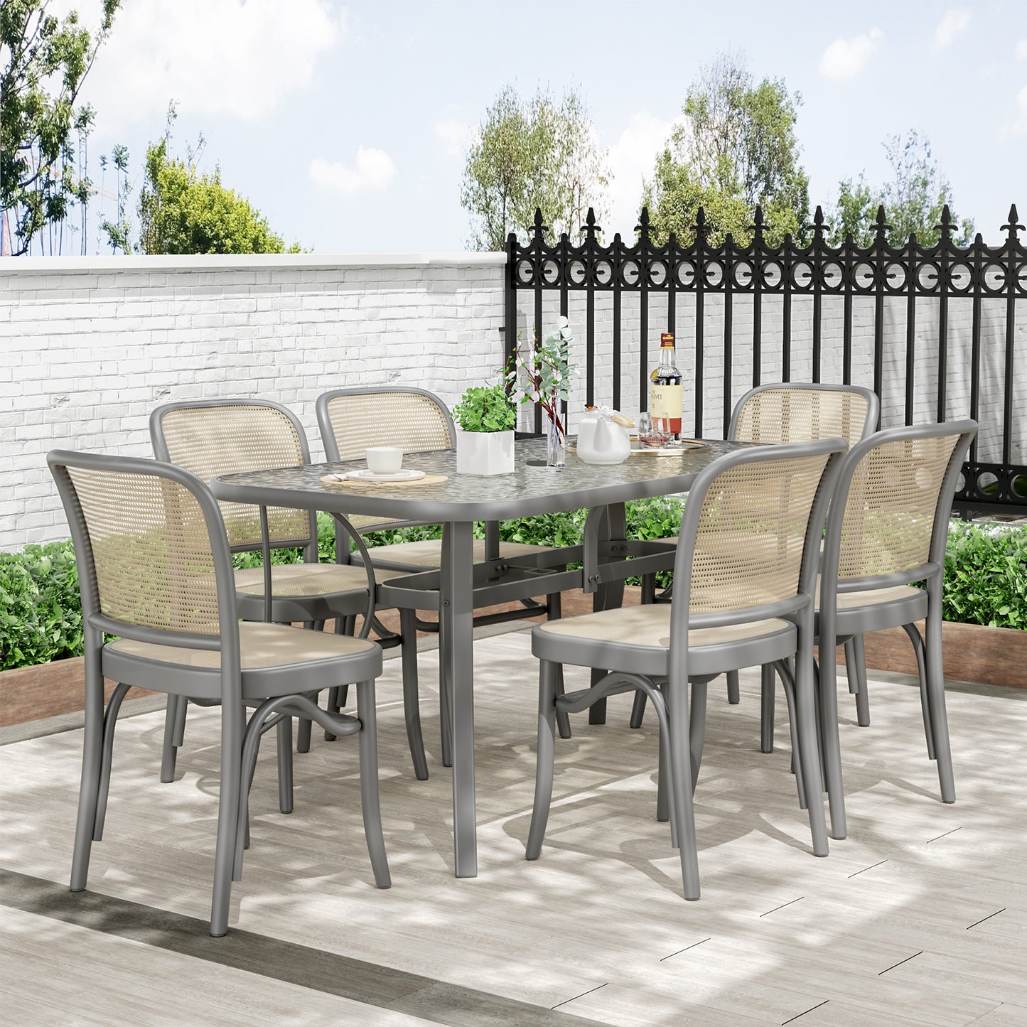 Piecart Outdoor Dining Table with Umbrella Hole, Rectangular Glass Patio Table, Patio Table for Outside, Garden, Balcony