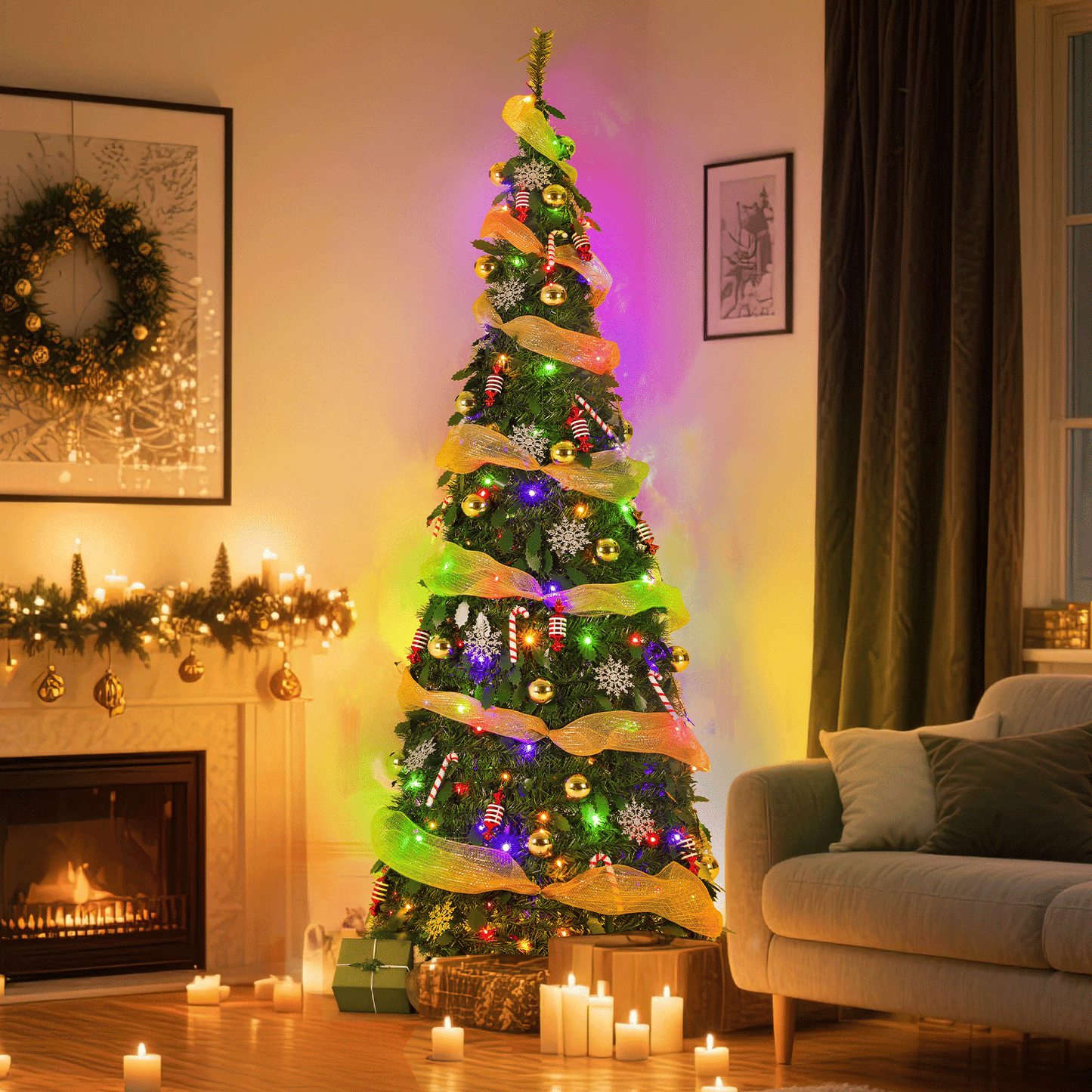 Pirecart 4/6/7 FT Collapsible Christmas Tree, Pop Up Christmas Tree with Light and Remote, Fully Decorated Pre-Lit with 11 Light Models Colored Light Balls,for Holiday Xmas Decor