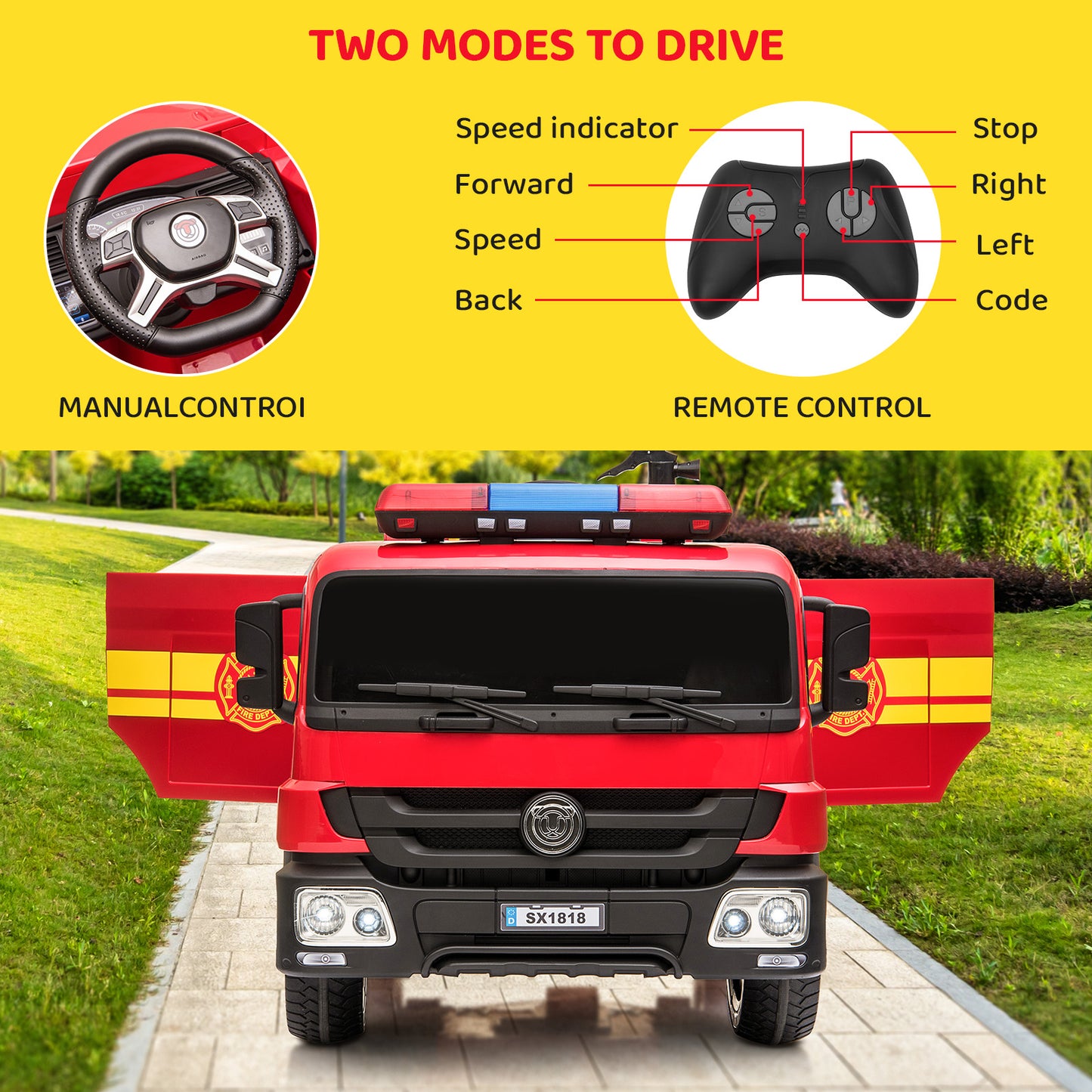 pirecart Ride On Fire Truck 12 Volt Battery Powered Fire Car Toy with Remote Control