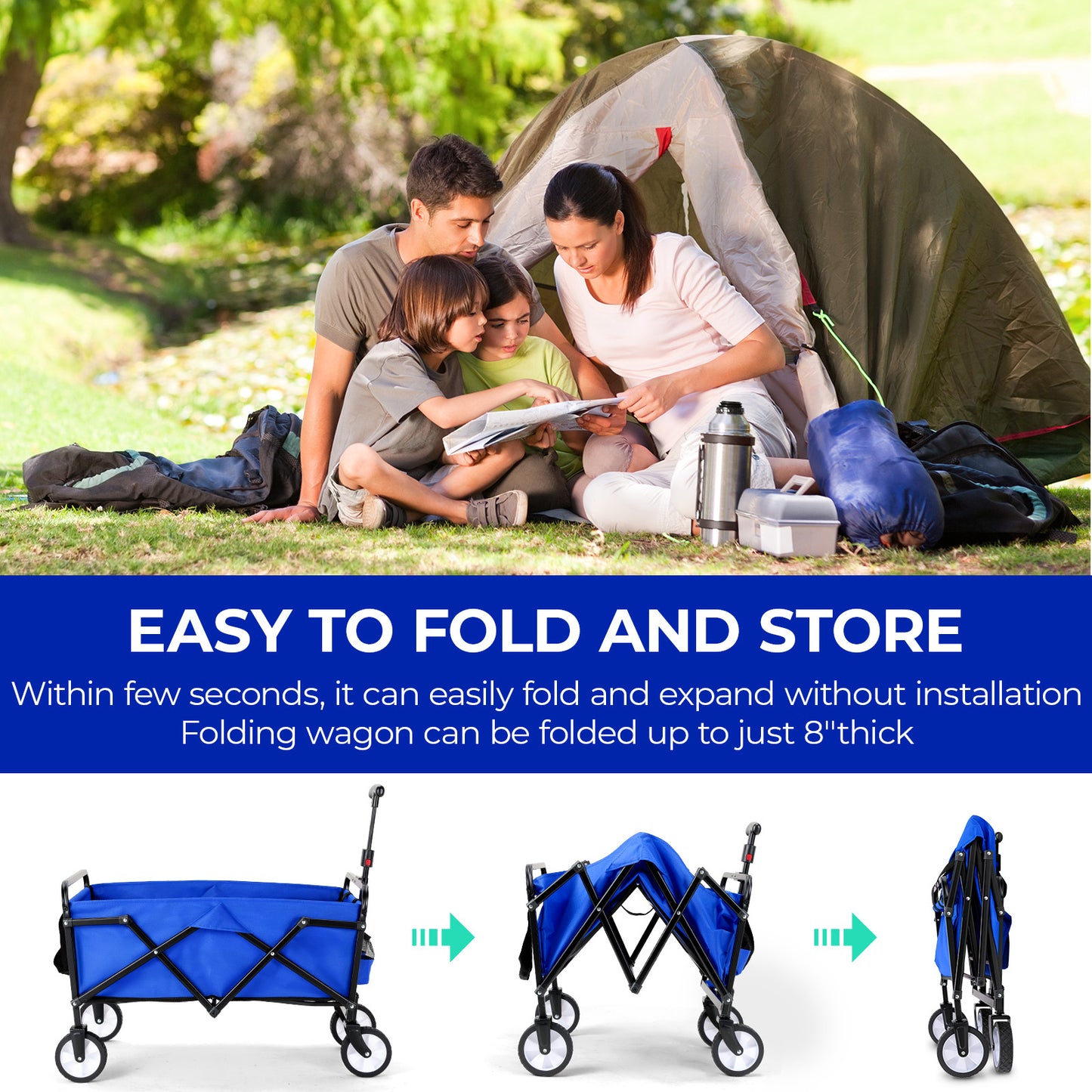 Pirecart 150lbs Capacity Foldable Wagons Carts, Lightweight Portable Utility Shopping Cart with Wheels, Collapsible Grocery Wagon Cart for Grocery, Camping, Shopping, Beach, Garden, Sports