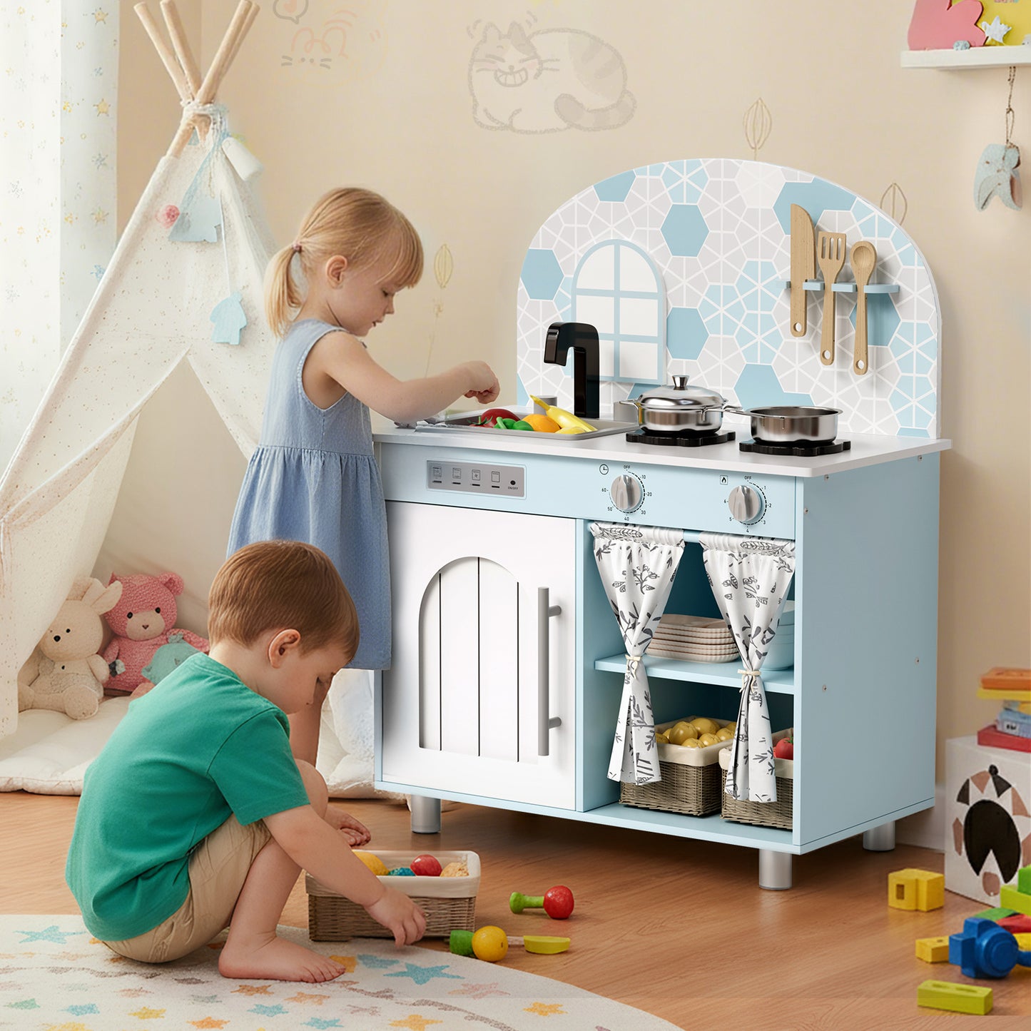 Pirecart Kids Play Kitchen, Toddler Wooden Kitchen Playset with Cooking Accessories and Clicking Knobs, Educational Chef Pretend Play Set for Ages 3+