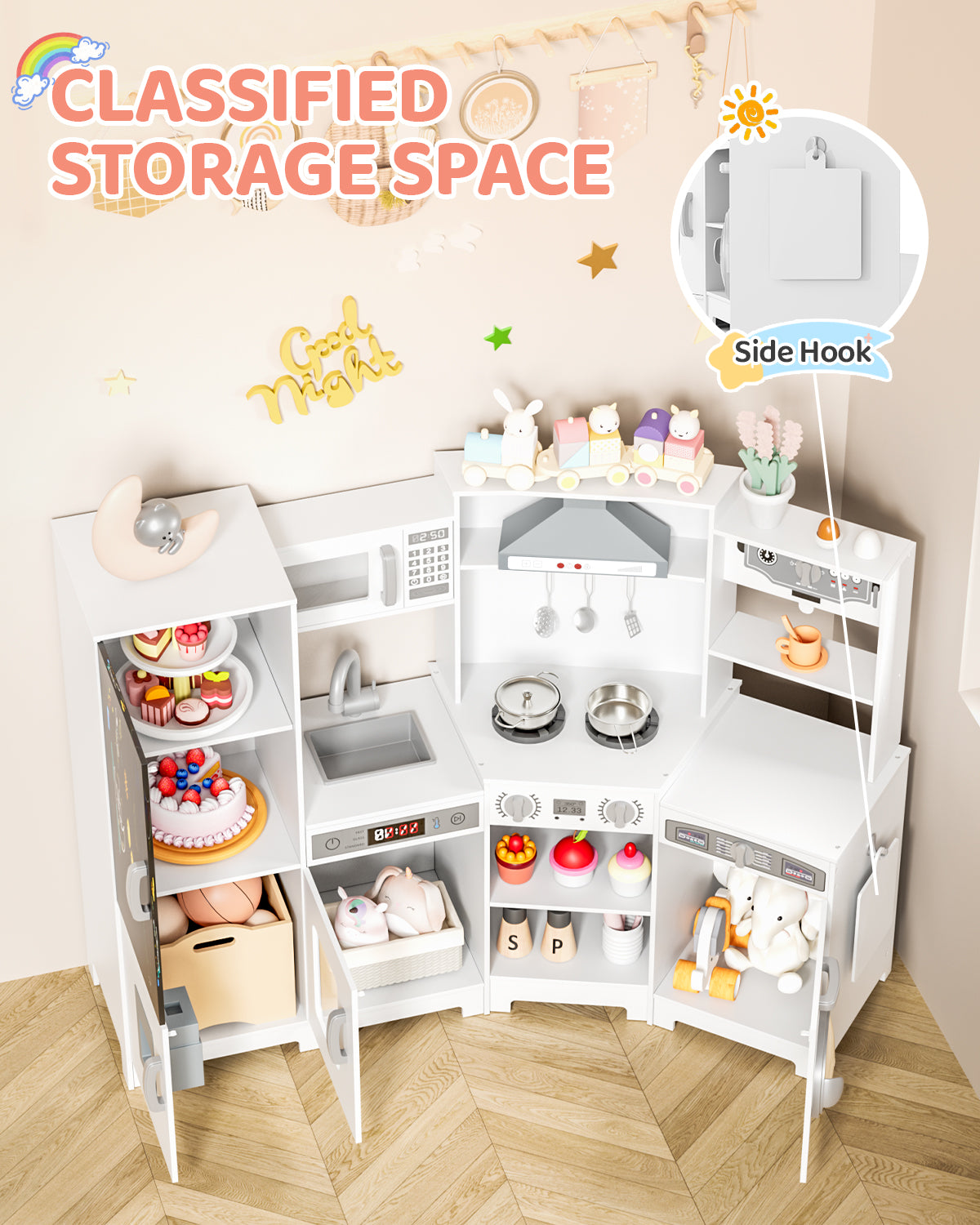 Pirecart Wooden Corner Play Kitchen, Kids Play Kitchen with Blackboard and 6Pcs Cooking Accessories, Toddler Play Kitchen Set with Realistic Sound & Light