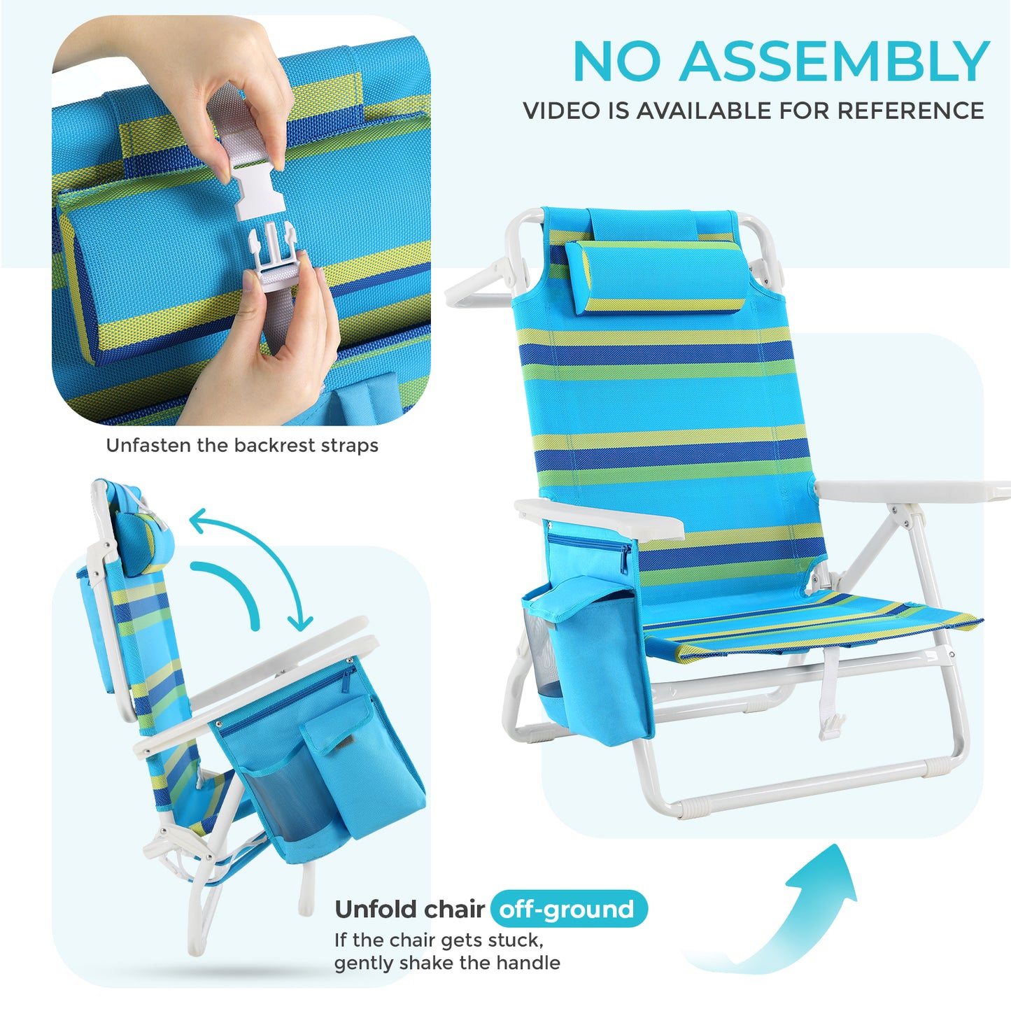Foldable Beach Chair, 5-Position Lay Flat Reclining Beach Chair W/ Headrest, Storage Bag, Cooler Pouch,Towel Bar, Foot Mat