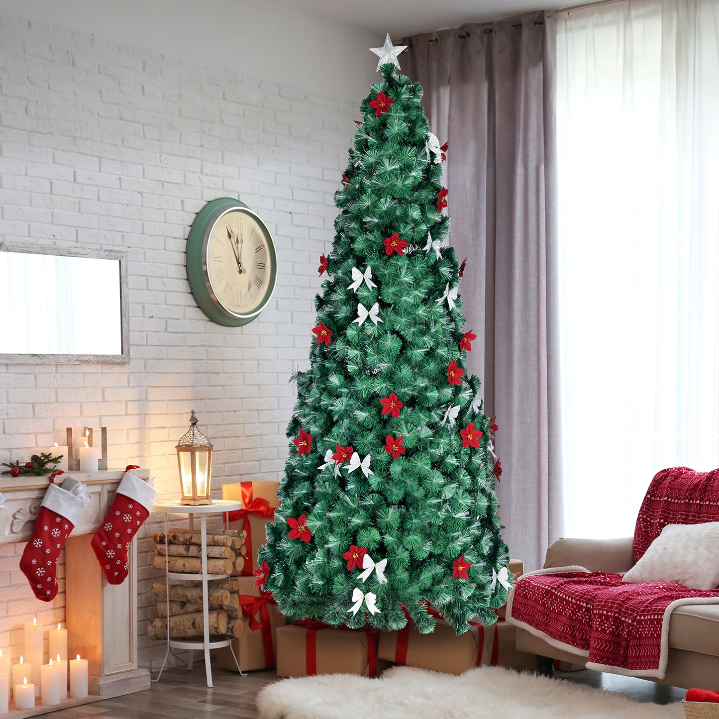 pirecart 6/8/9/10 ft Fiber Optic Artificial Christmas Tree, Pre-Lit Christmas Tree with Artificial Flowers and Bow