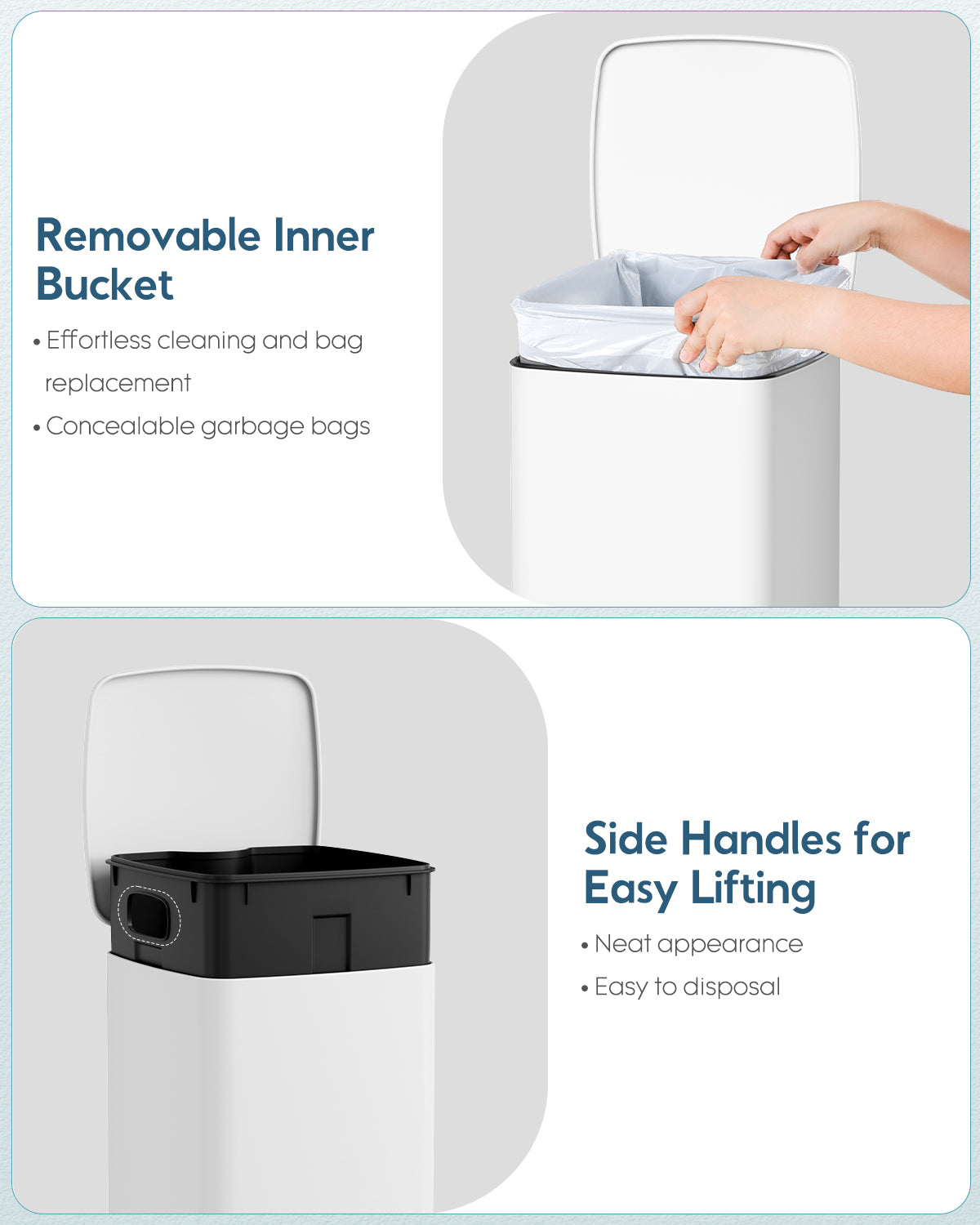 Pirecart 8 gal Trash Can, Stainless Steel Square Garbage Can with Soft-Close Lid & Removable Bucket, Fingerprint-Proof Step Garbage Bin for Kitchen, Living Room