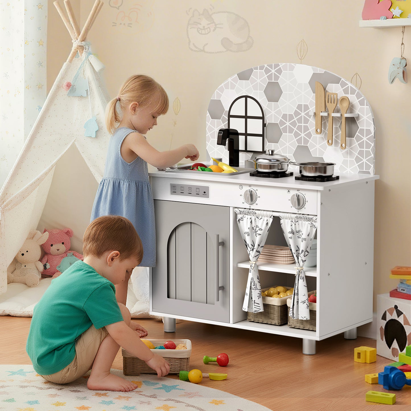 Pirecart Kids Play Kitchen, Toddler Wooden Kitchen Playset with Cooking Accessories and Clicking Knobs, Educational Chef Pretend Play Set for Ages 3+