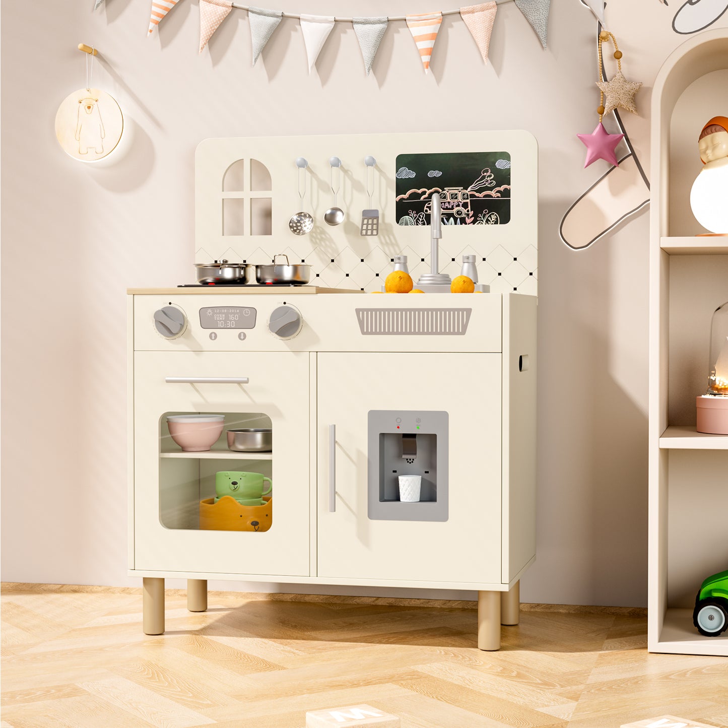 Pirecart Kids Play Kitchen Set, Wooden Kitchen Playset with Real Lights & Sounds, Toddler Pretend Play Kitchen Set with Knob Sounds, Sink, Water Dispenser, 6 Pcs Cookware & Chalkboard Panel