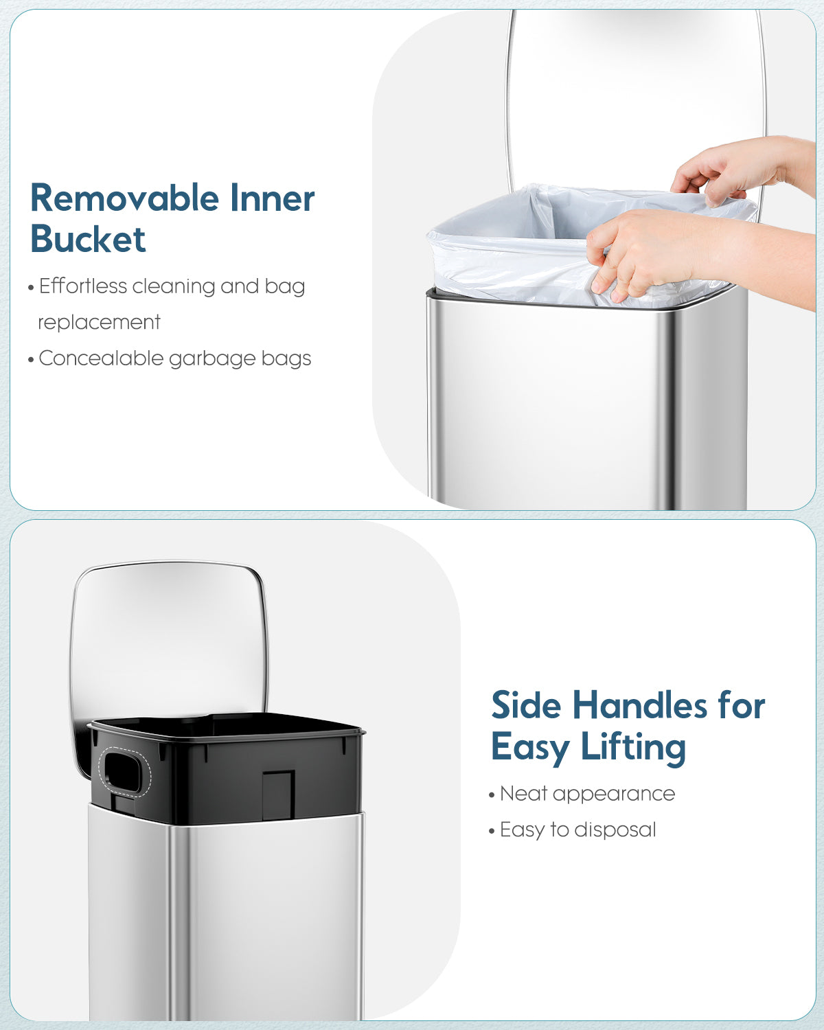 Pirecart 8 gal Trash Can, Stainless Steel Square Garbage Can with Soft-Close Lid & Removable Bucket, Fingerprint-Proof Step Garbage Bin for Kitchen, Living Room