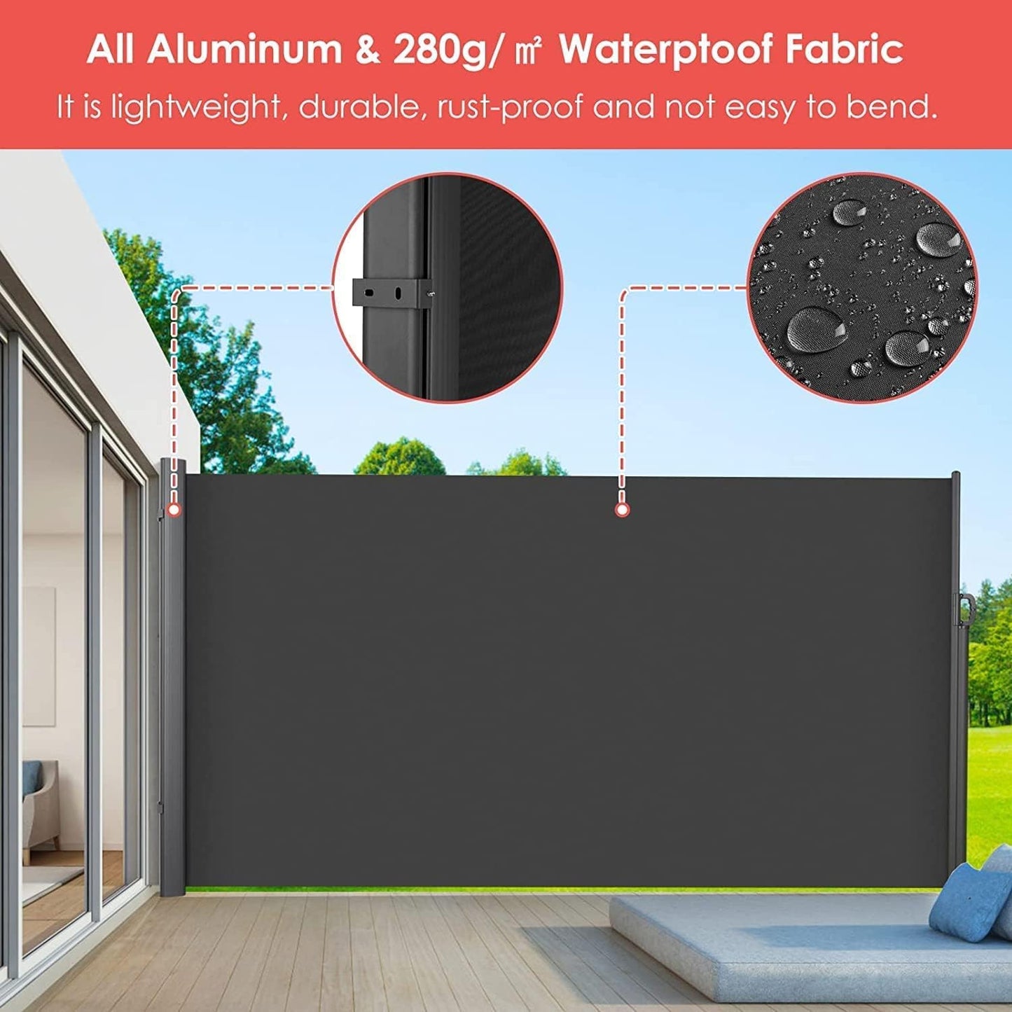 pirecart Retractable Side Screen Awning, UV Resistant, Waterproof, Patio Privacy Screen for Garden, Balcony, Courtyard(Dark Grey)