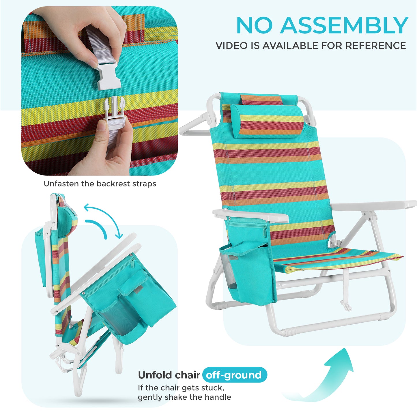 Foldable Beach Chair, 5-Position Lay Flat Reclining Beach Chair W/ Headrest, Storage Bag, Cooler Pouch,Towel Bar, Foot Mat