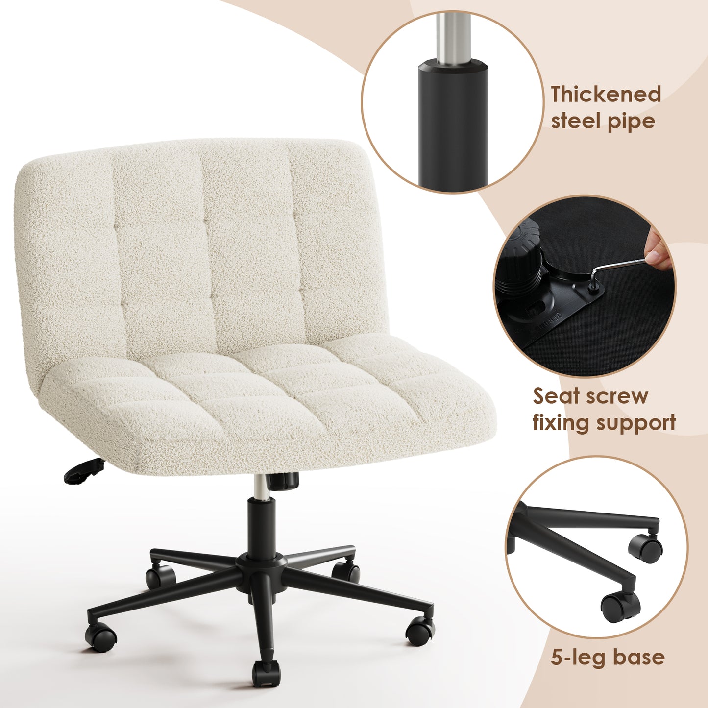 Pirecart Criss Cross Chair with Wheels, Armless Swivel Vanity Chair, Height Adjustable Cross Legged Office Chair with Comfy Wide Cushion for Desk, Vanity, Bedroom, Sherpa Fleece