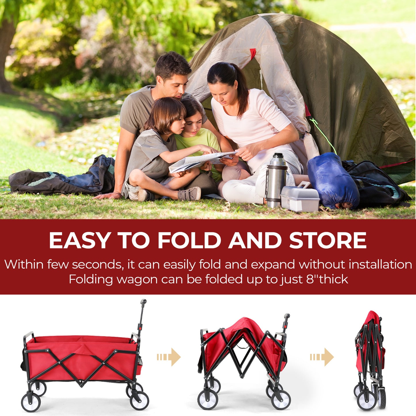 Pirecart 150lbs Capacity Foldable Wagons Carts, Lightweight Portable Utility Shopping Cart with Wheels, Collapsible Grocery Wagon Cart for Grocery, Camping, Shopping, Beach, Garden, Sports