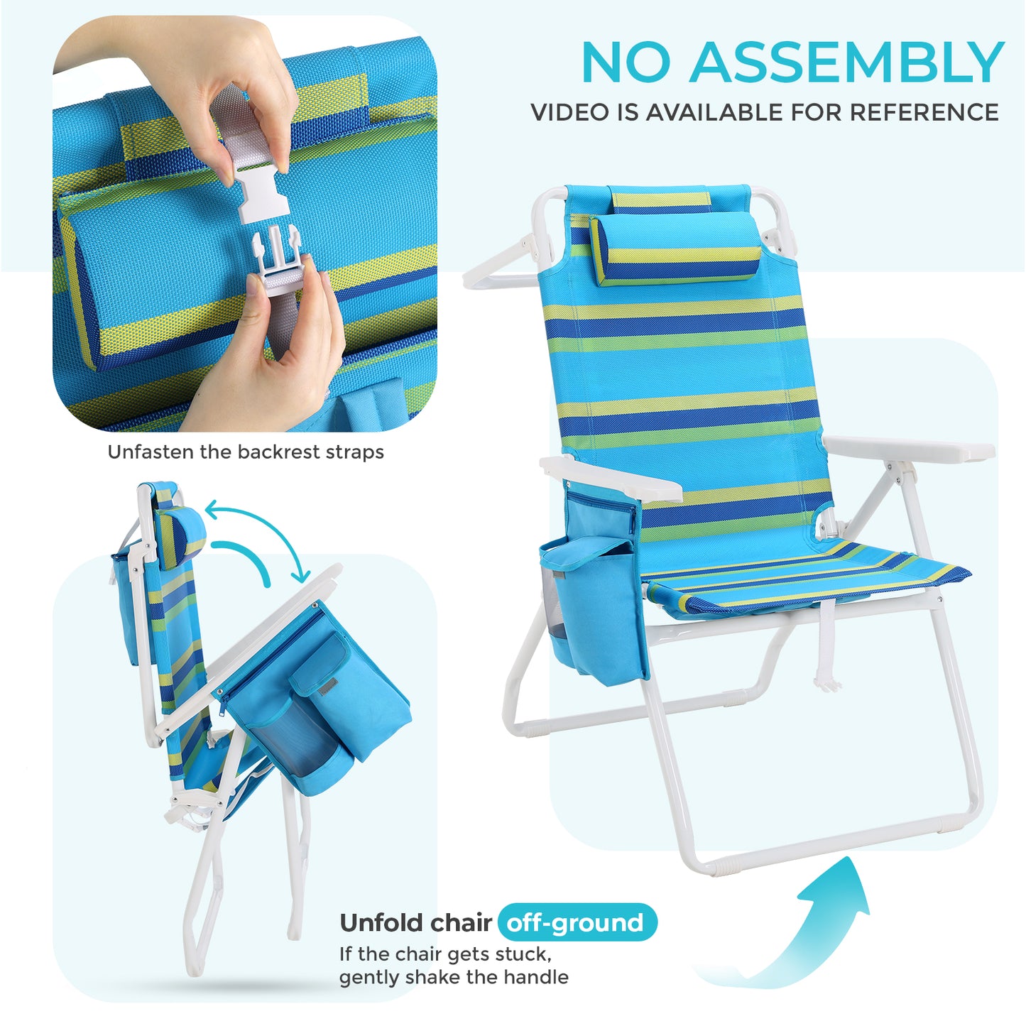 Pirecart Tall Beach Chairs for Adults, Portable Beach Chairs W/ 5-Position Lay Flat & Cooler Pouch, for Beach, Camp, Outdoor