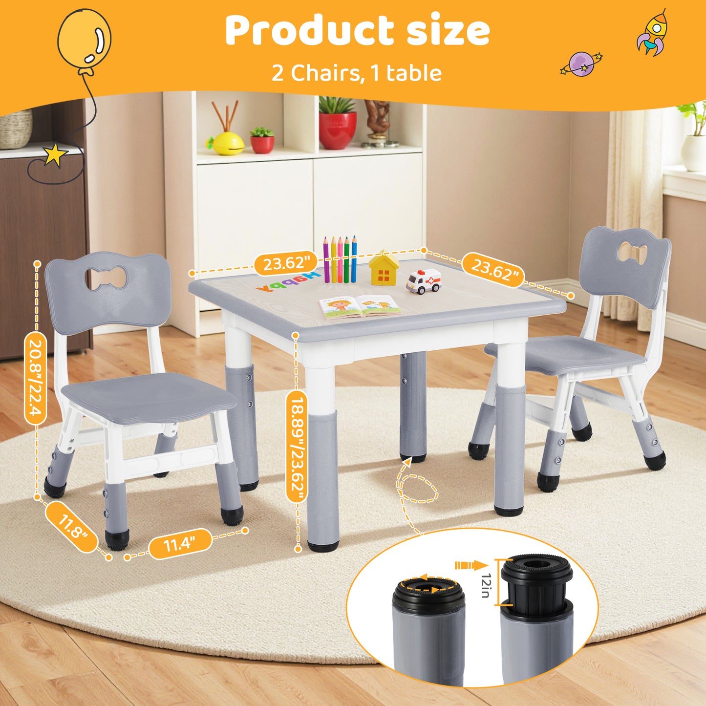 Pirecart Kids Table and 2 Chairs Set Activity Table Height Adjustable Toddler Art Desk for Reading Drawing Eating, Suitable for Ages 3-9