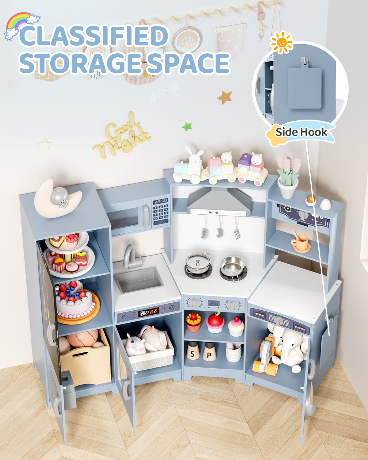 Pirecart Wooden Corner Play Kitchen, Kids Play Kitchen with Blackboard and 6Pcs Cooking Accessories, Toddler Play Kitchen Set with Realistic Sound & Light