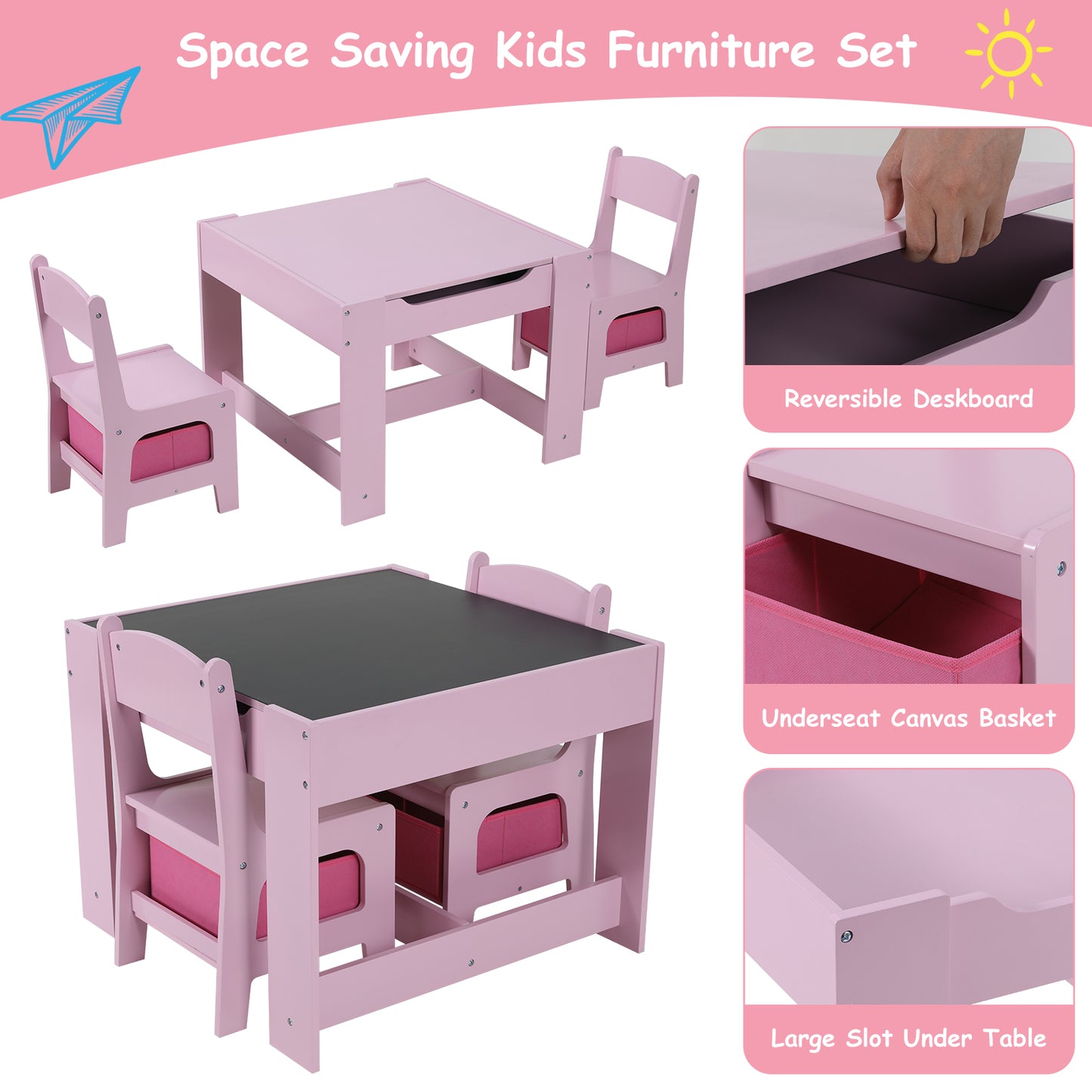 pirecart Kids Table and Chair Set, Wooden Toddler Activity Table with Storage Boxes