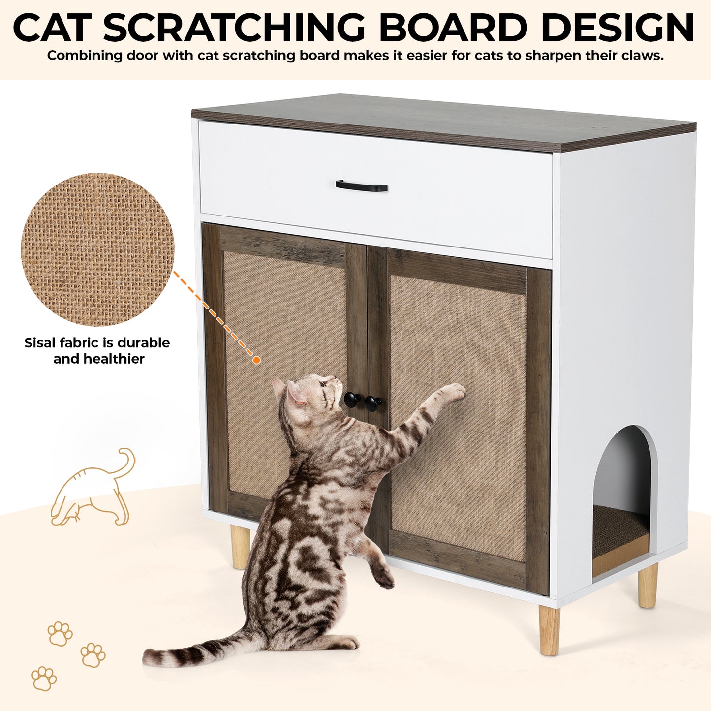 pirecart Hidden Cat Litter Box Enclosure Furniture Wood Cat House with Sisal Doors