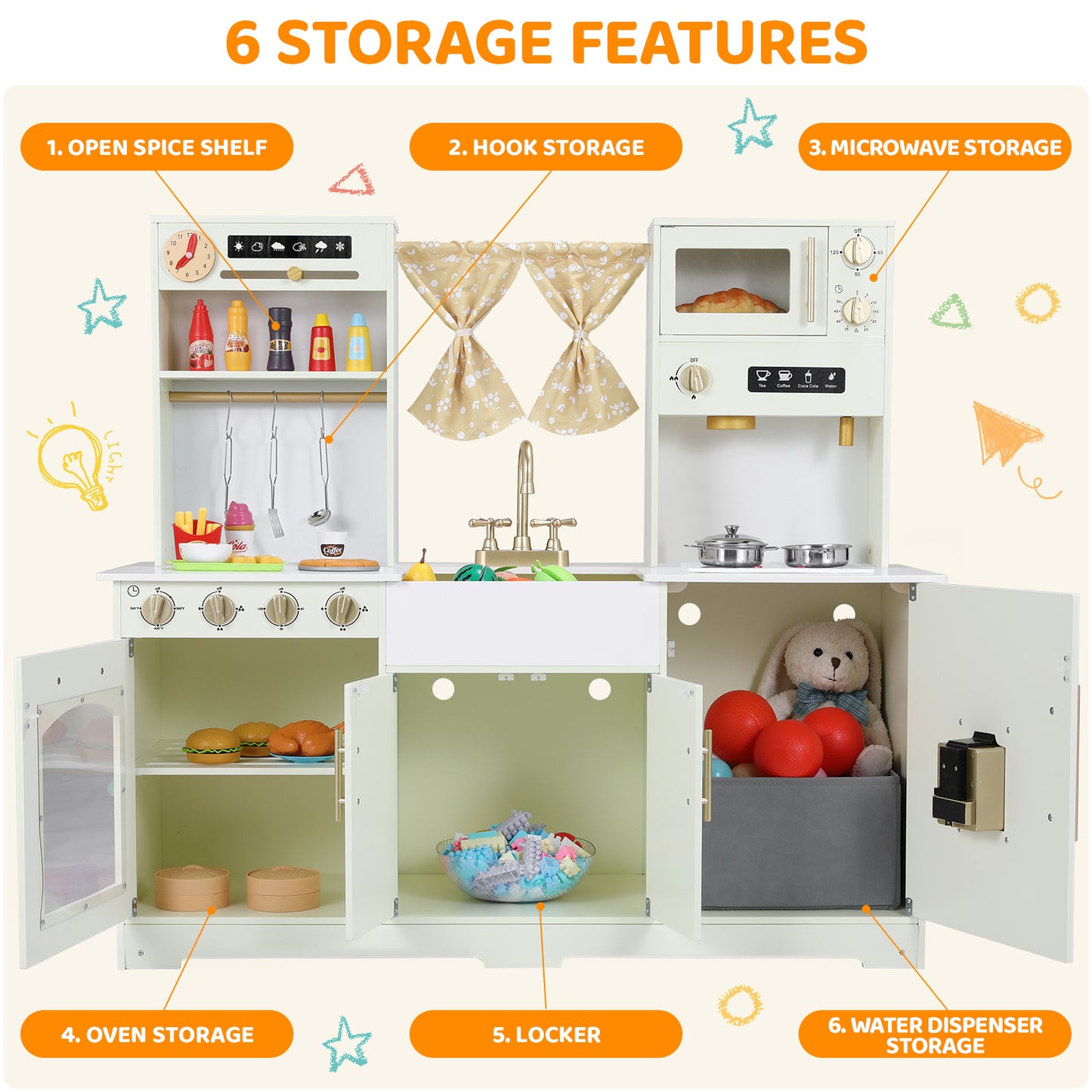 pirecart Kids Play Kitchen, Wooden Pretend Toy Kitchen, Toodler Cooking Playset w/Stove, Sink, Microwave, Water Dispenser, Curtain