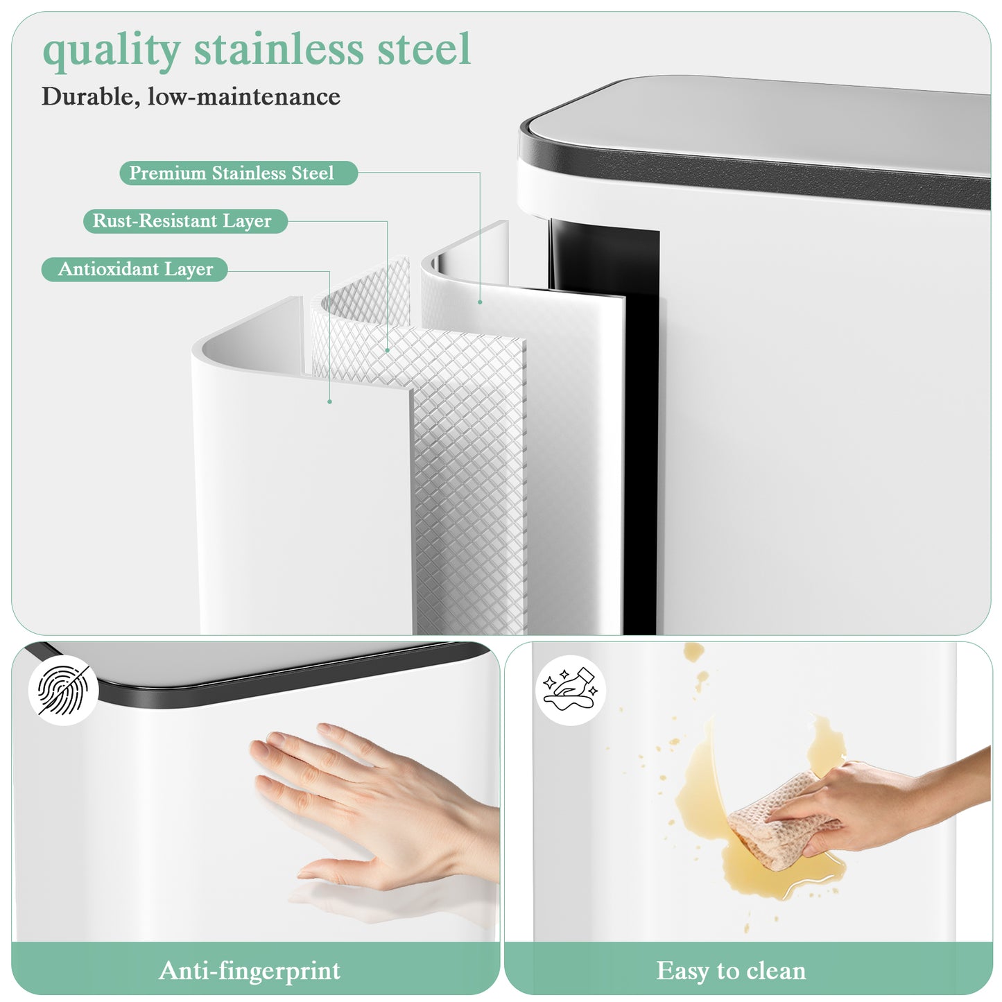 Pirecart 13.2 Gal Trash Can, Stainless Steel Garbage Can with Removable Inner Bucket & Handle, Square Garbage Bin with Soft Lid for Kitchen, Living Room