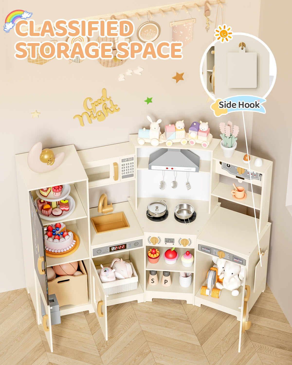 Pirecart Wooden Corner Play Kitchen, Kids Play Kitchen with Blackboard and 6Pcs Cooking Accessories, Toddler Play Kitchen Set with Realistic Sound & Light