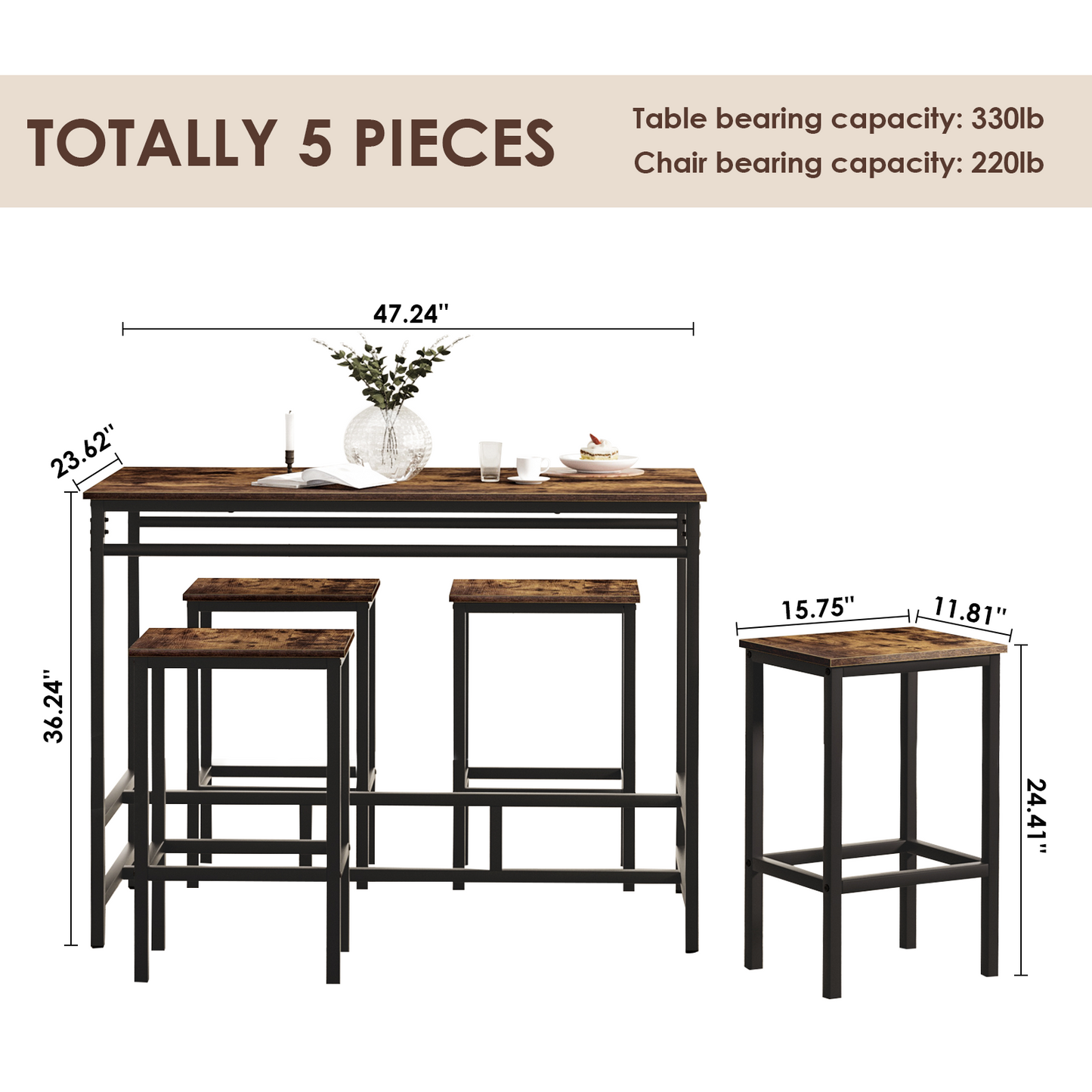 pirecart 5 Piece Counter Height Bar Table Set, Kitchen Dining Room Bistro Pub Table W/ 4 Stools