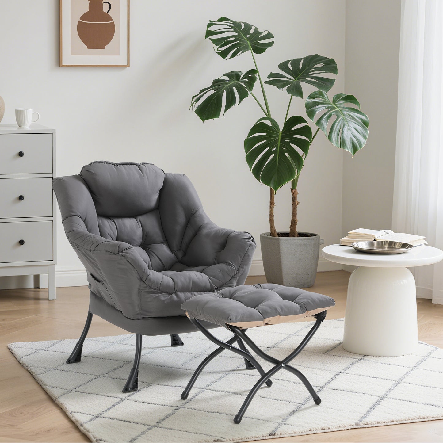 Pirecart Fabric Lazy Chair with Foldable Ottoman and Side Pocket, Large Comfy Chair with Footstool Set Reading Chair Leisure Sofa Chair for Bedroom, Living Room