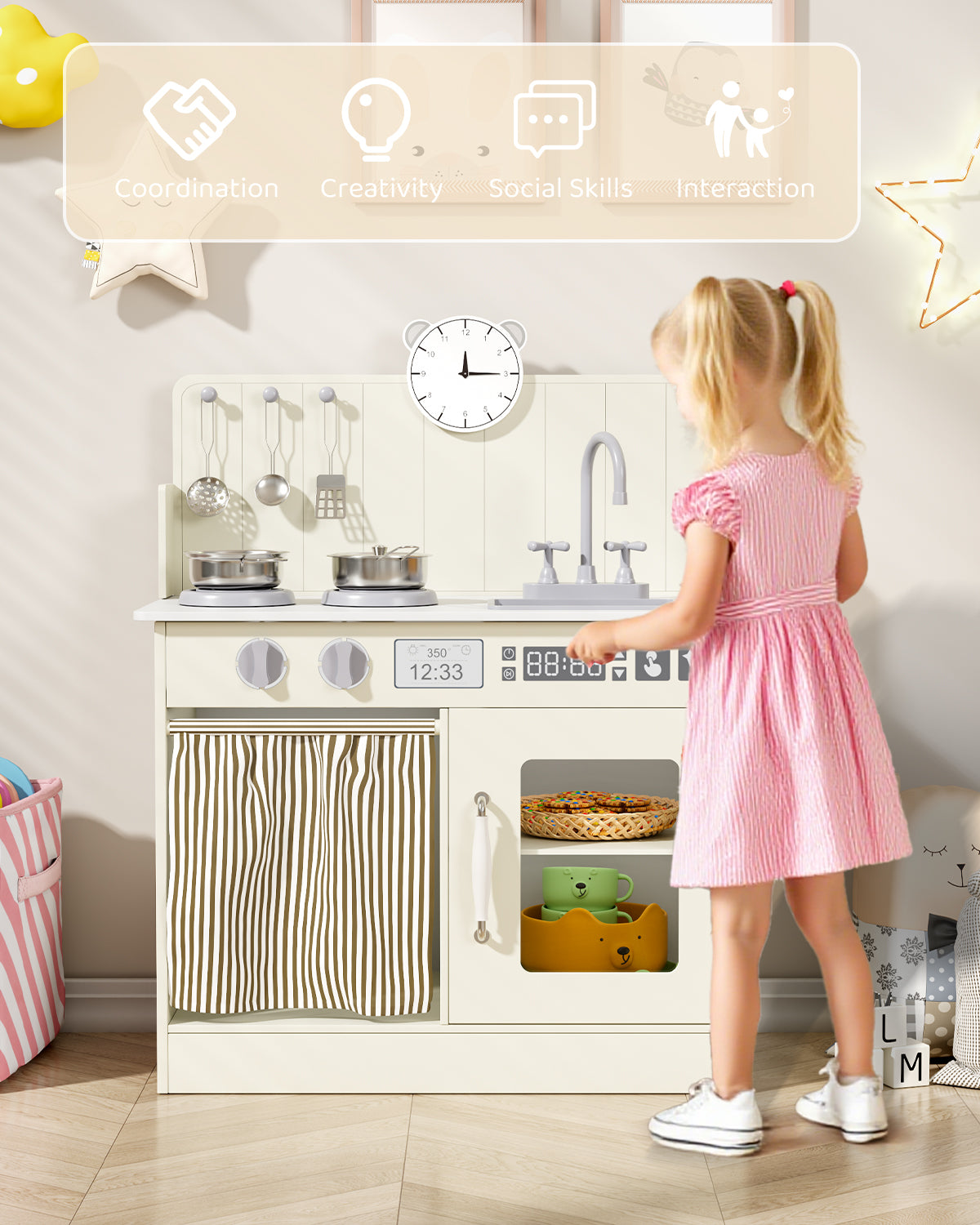 Pirecart Kids Play Kitchen with Ample Storage and Cooking Accessories, Toddler Kitchen Playset with Simulated Gas Tray, Clicking Knobs, Sink, Faucet