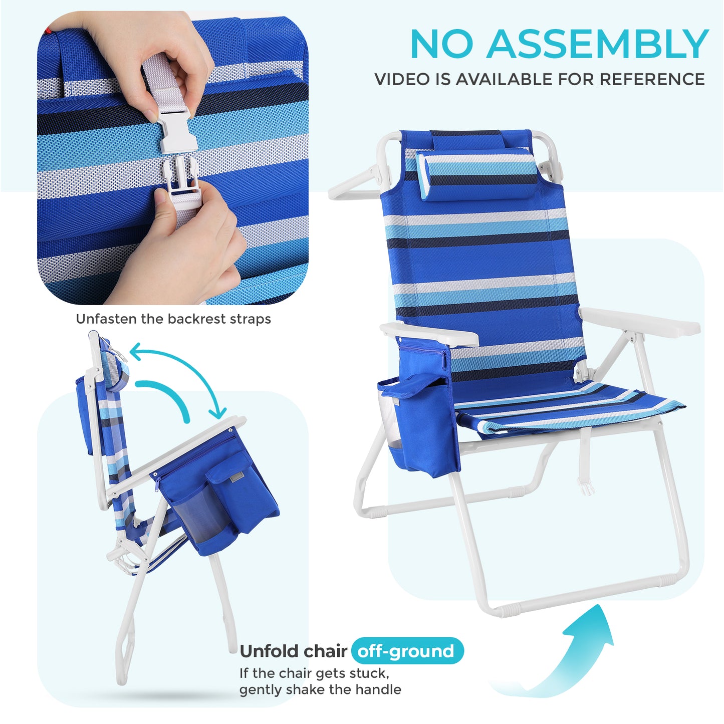 Pirecart Tall Beach Chairs for Adults, Portable Beach Chairs W/ 5-Position Lay Flat & Cooler Pouch, for Beach, Camp, Outdoor