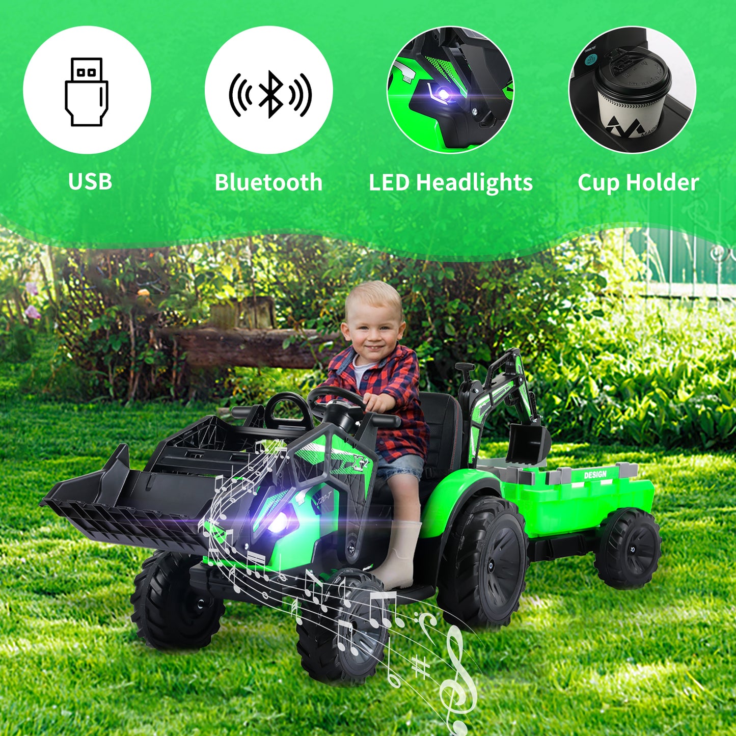 Pirecart 3 in 1 Ride on Tractor Excavator Bulldozer, 24V Kid Electric Vehicle w/Trailer, Shovel Bucket, Digger, Remote Control, LED Lights, EVA Tire, Music & Bluetooth, Toddler Ride on Car