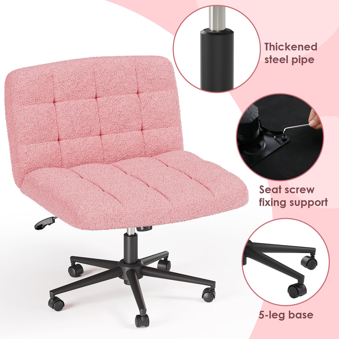 Pirecart Criss Cross Chair with Wheels, Armless Swivel Vanity Chair, Height Adjustable Cross Legged Office Chair with Comfy Wide Cushion for Desk, Vanity, Bedroom, Sherpa Fleece