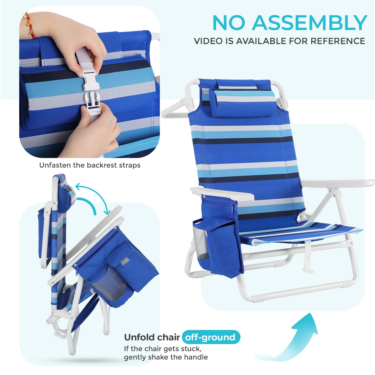 Foldable Beach Chair, 5-Position Lay Flat Reclining Beach Chair W/ Headrest, Storage Bag, Cooler Pouch,Towel Bar, Foot Mat