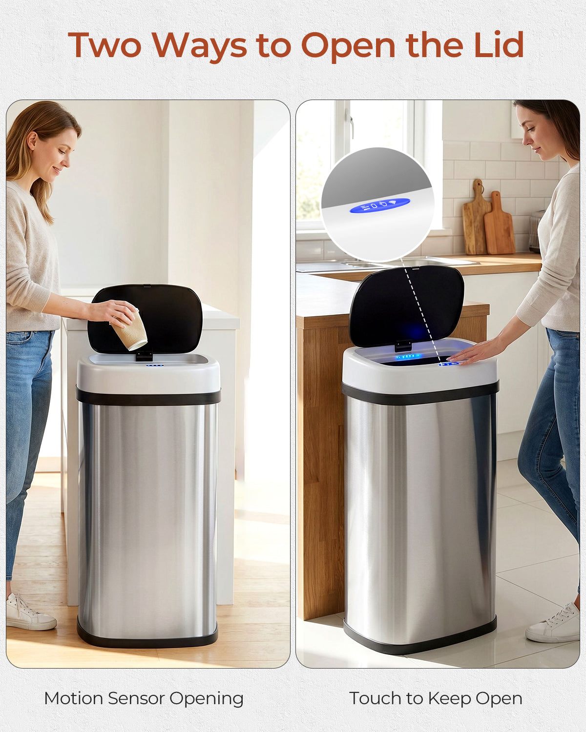 Pirecart Motion Sensor Trash Can, Stainless Steel Automatic Garbage Can with Soft-Close Lid, for Kitchen/Living Room/Office, Silver, Black, White