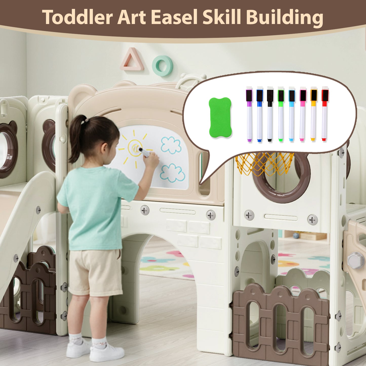 Pirecart 10-in-1 Kids Slide, Indoor Outdoor Toddler Slide Playground with Drawing Board, Basketball Hoop, Tunnel & Storage for Playroom, Kindergarten, Backyard, Gift for Children Age 3+