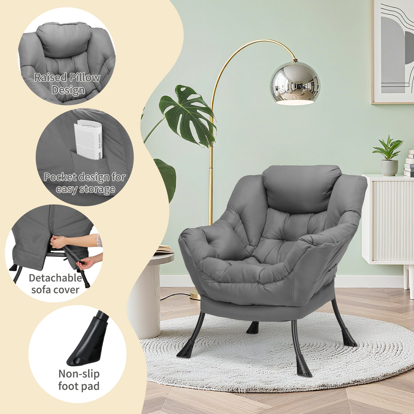 Pirecart Lazy Chair Large Accent Chair, Modern Reading Chair with Side Pocket, Comfy Living Room Chair, Lounge chair for Bedroom, Dorm
