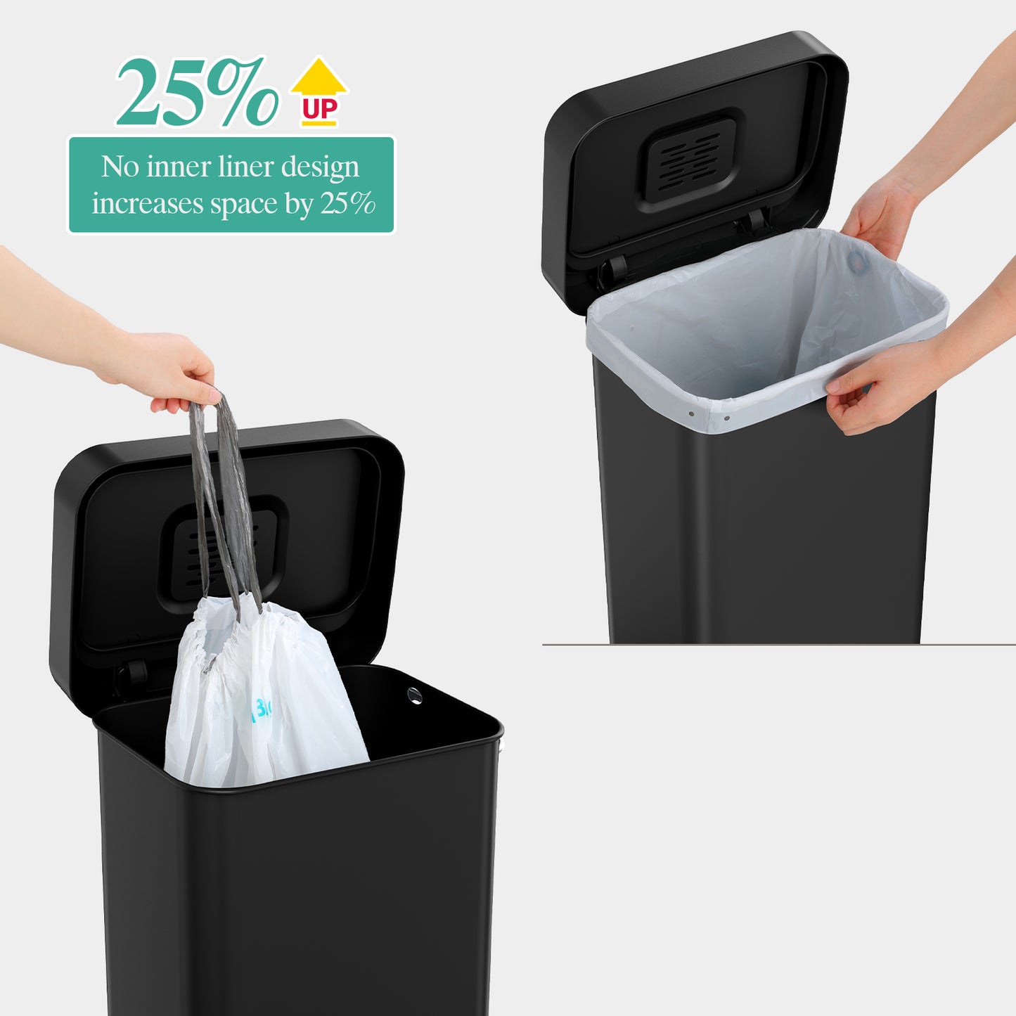 Pirecart 13.2 Gal Stainless Steel Trash Can, Soft-Close Lid Grabage Can with 15 Inner Bags, Rear Trash Bag Storage Compartment, Large Capacity Step Trash Can With Built-In Deodorizer Box