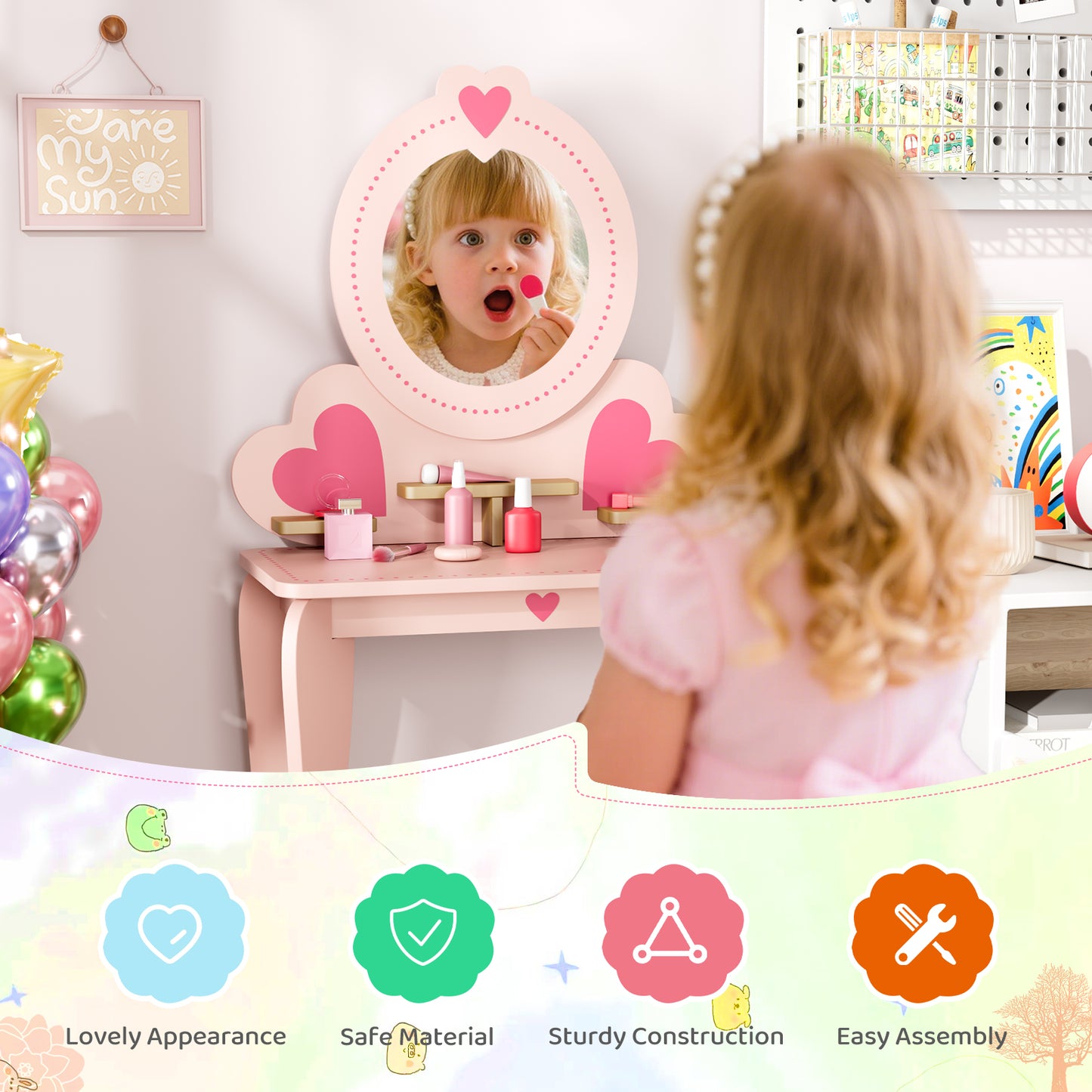 Pirecart Kids Vanity Makeup Table & Chair Set Make Up Stool Play Set for Children, Toddler Makeup Toy with 8 Pcs Accessories for Pretend Play