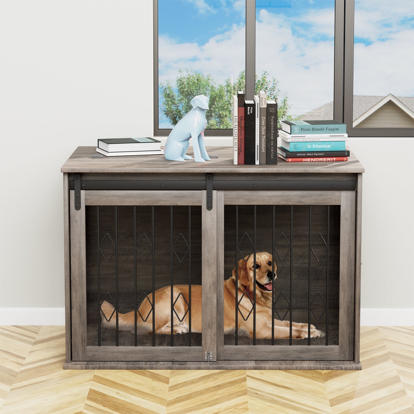 pirecart 39 inch Dog Crate Furniture Wooden Indoor Dog Kennel with Divider Room