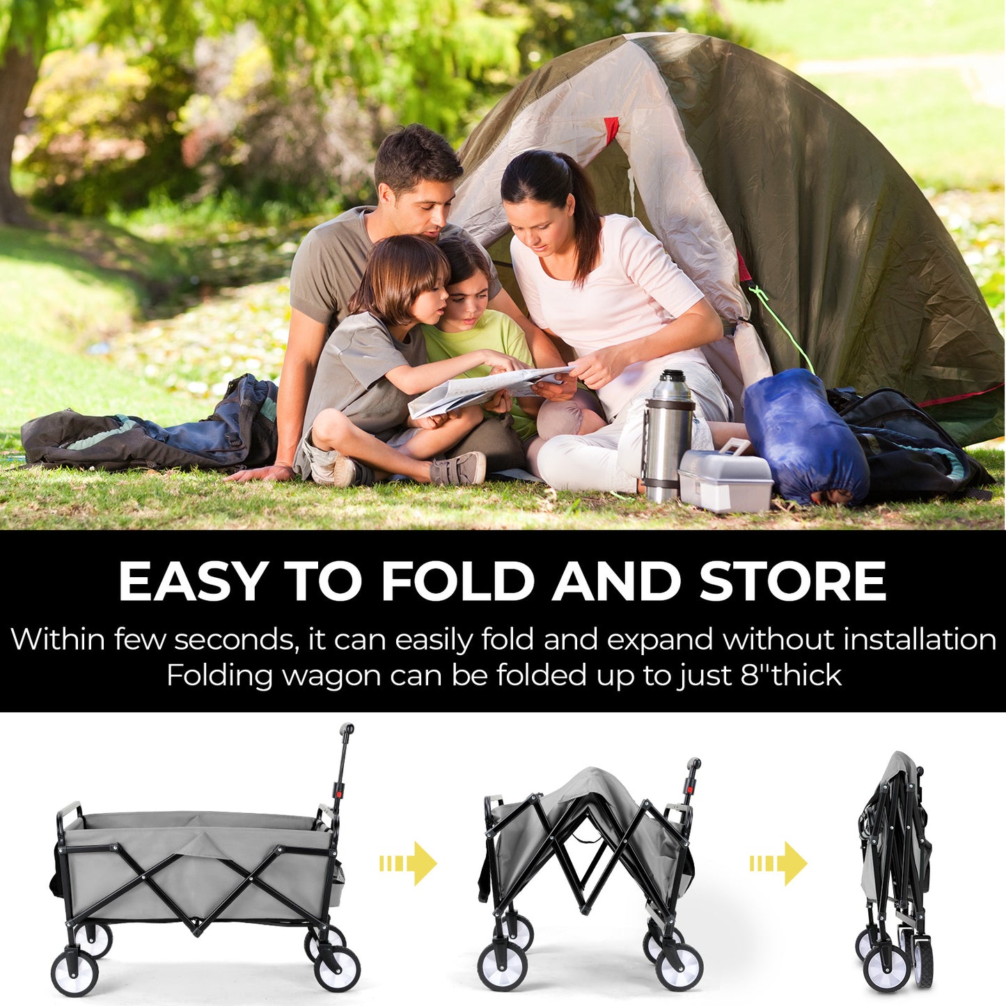 Pirecart 150lbs Capacity Foldable Wagons Carts, Lightweight Portable Utility Shopping Cart with Wheels, Collapsible Grocery Wagon Cart for Grocery, Camping, Shopping, Beach, Garden, Sports