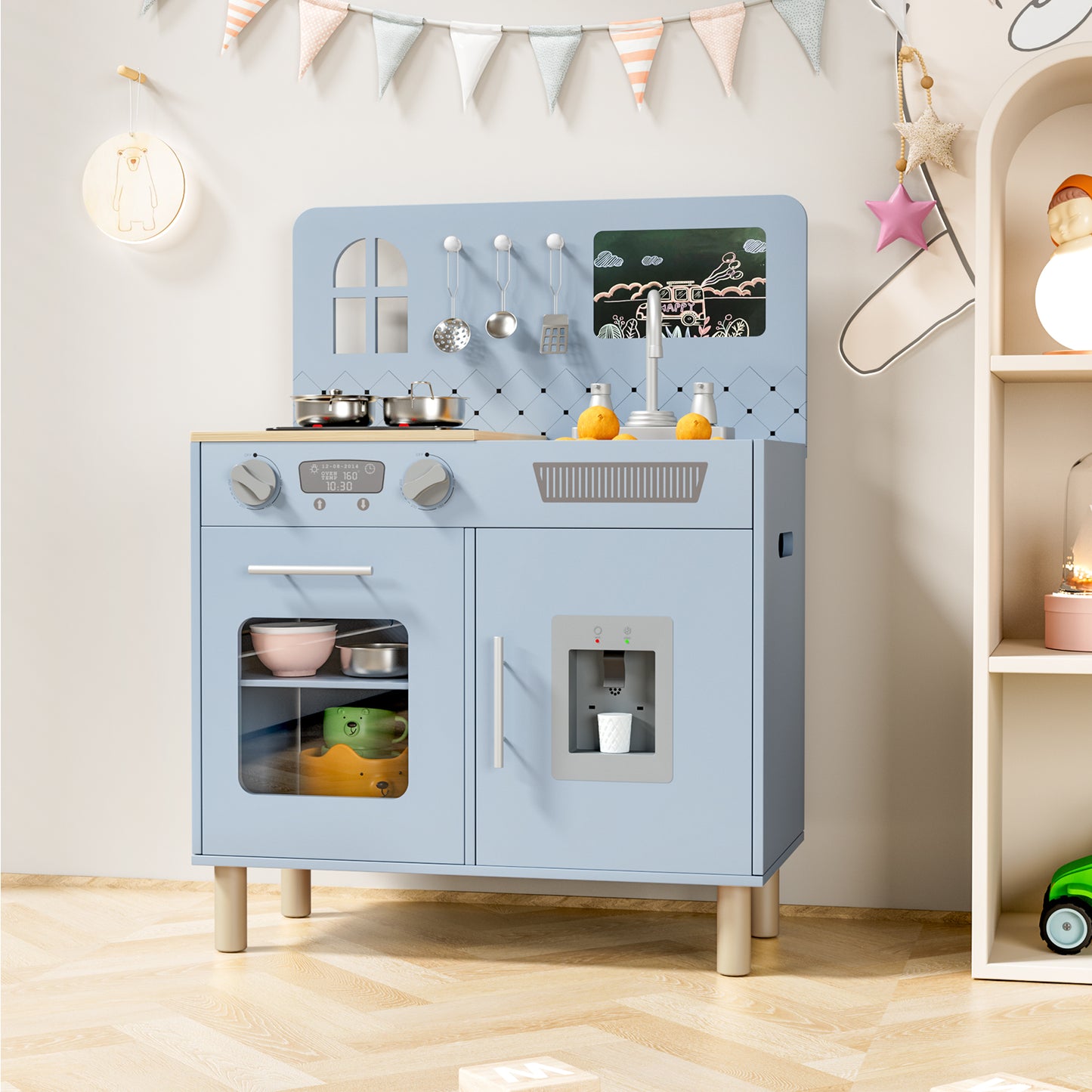 Pirecart Kids Play Kitchen Set, Wooden Kitchen Playset with Real Lights & Sounds, Toddler Pretend Play Kitchen Set with Knob Sounds, Sink, Water Dispenser, 6 Pcs Cookware & Chalkboard Panel