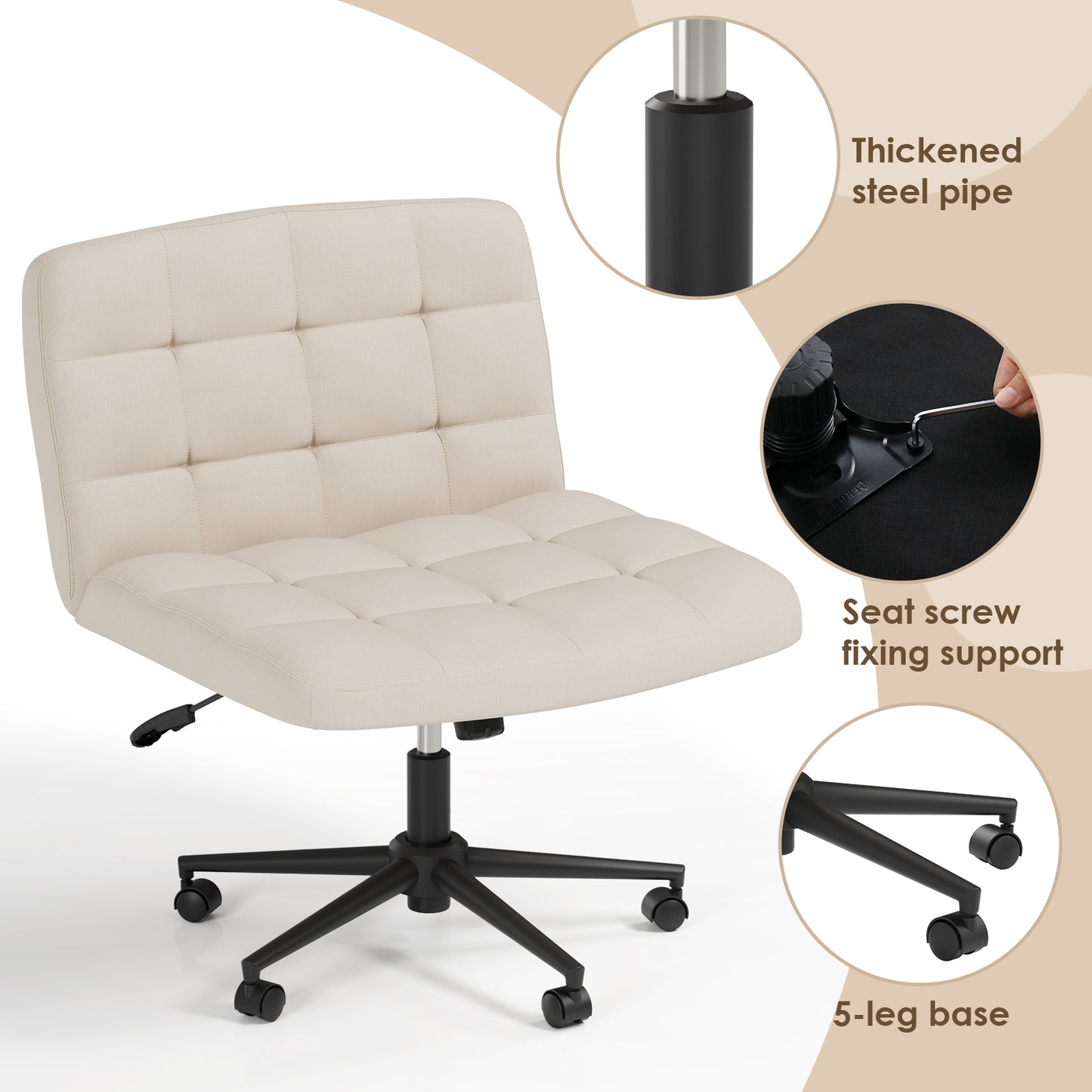 Pirecart Criss Cross Legged Chair, Comfy Swivel Armless Chair with Wheels and Wide Cushion, Height Adjustable Vanity Chair for Bedroom, Office, Desk, Linen