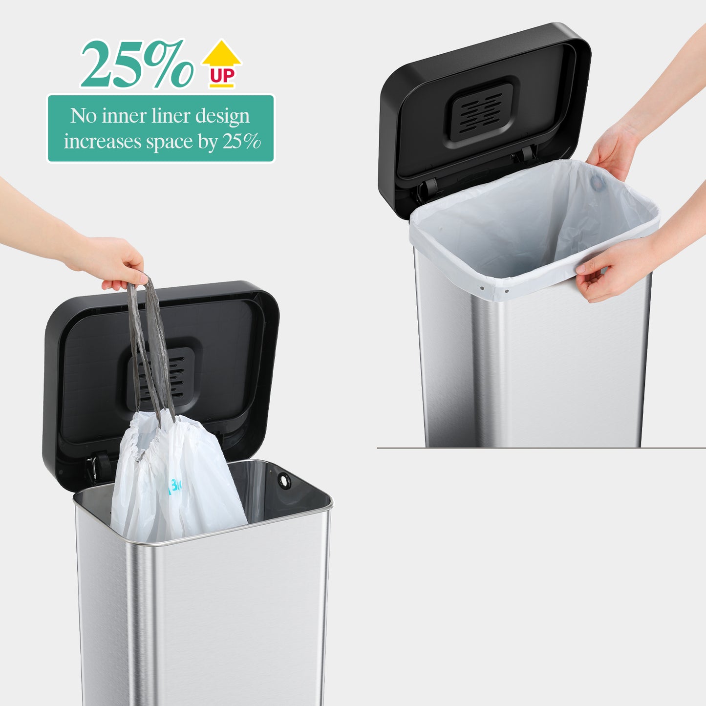 Pirecart 13.2 Gal Stainless Steel Trash Can, Soft-Close Lid Grabage Can with 15 Inner Bags, Rear Trash Bag Storage Compartment, Large Capacity Step Trash Can With Built-In Deodorizer Box