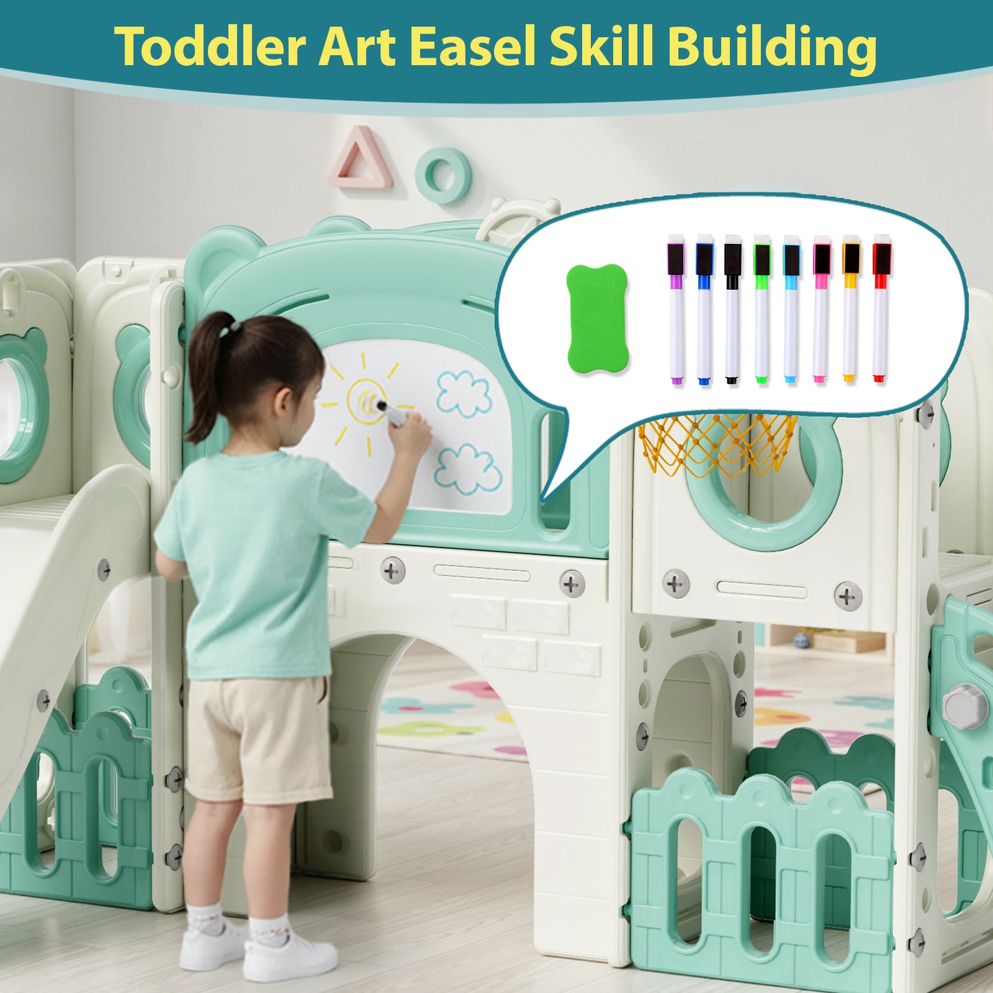 Pirecart 10-in-1 Kids Slide, Indoor Outdoor Toddler Slide Playground with Drawing Board, Basketball Hoop, Tunnel & Storage for Playroom, Kindergarten, Backyard, Gift for Children Age 3+