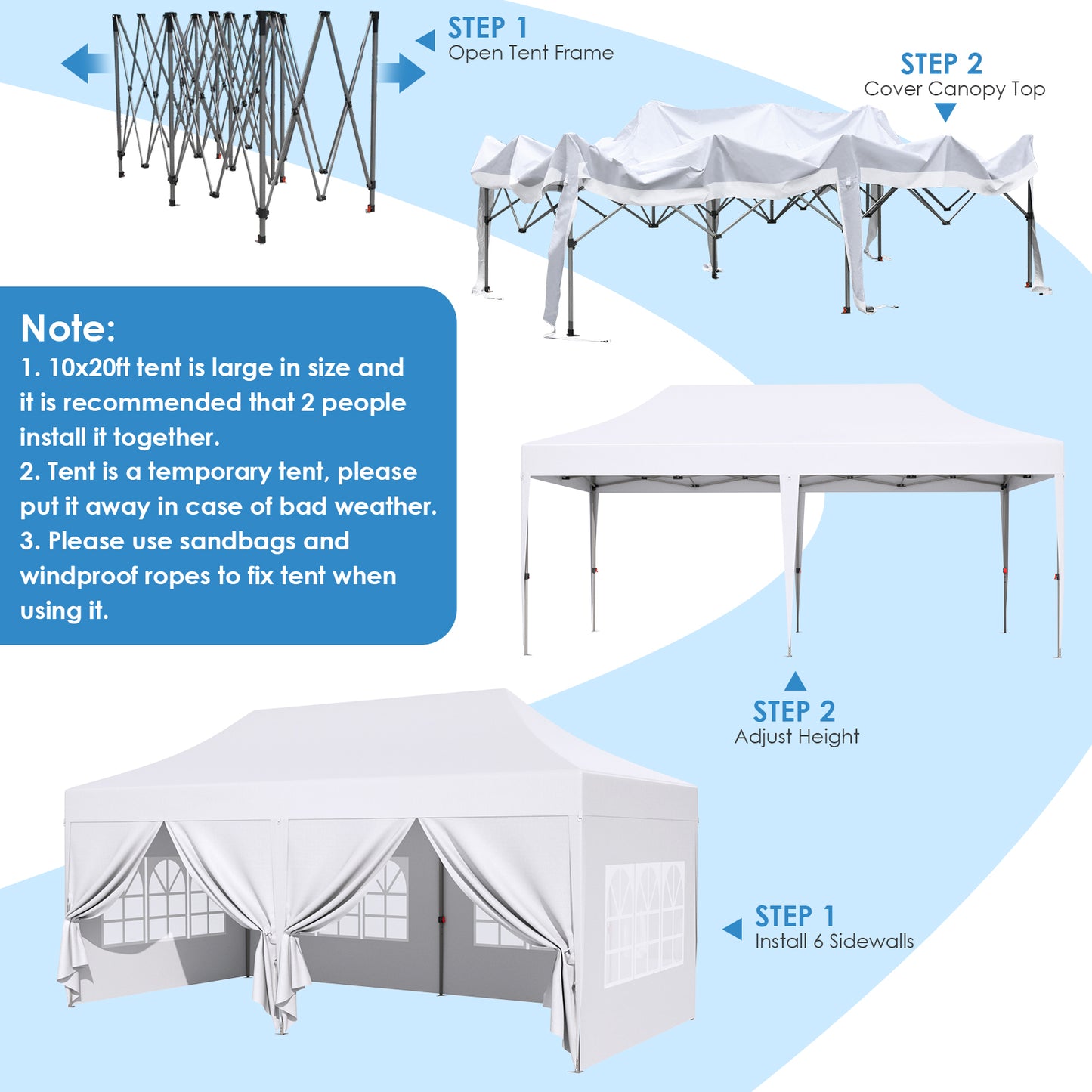 pirecart 10x20ft Pop up Canopy Tent w/6 Sidewalls, Heavy Duty Commercial Instant Gazebo w/Wheeled Bag