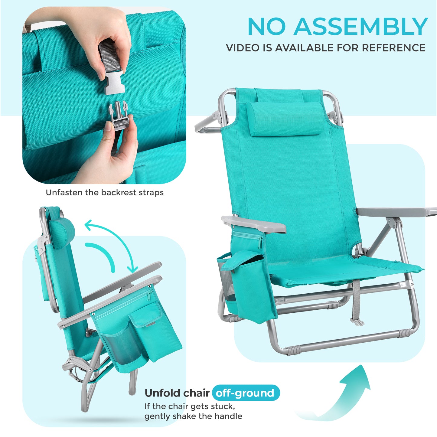 Foldable Beach Chair, 5-Position Lay Flat Reclining Beach Chair W/ Headrest, Storage Bag, Cooler Pouch,Towel Bar, Foot Mat