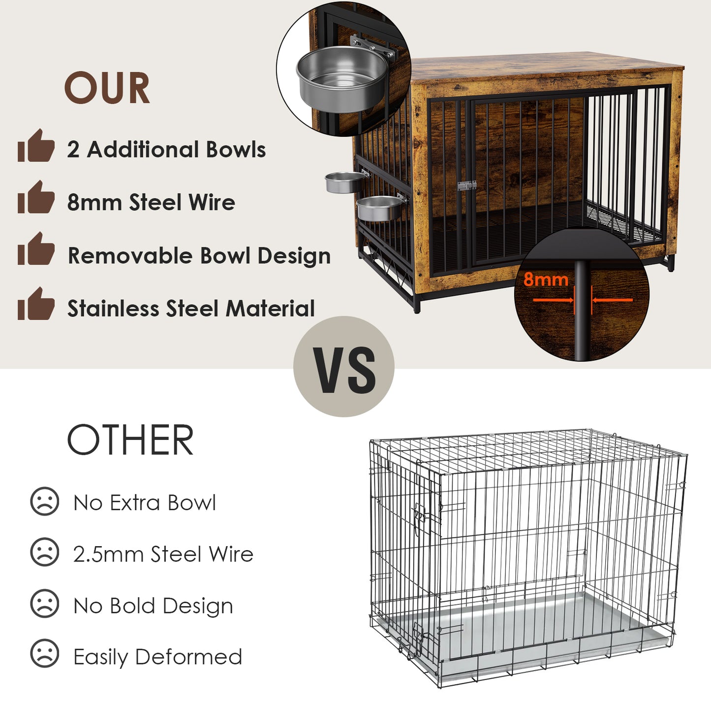 pirecart 39/44 inch Furniture Style Dog Crate with 2 Bowls, Large Wooden End Table Dog House