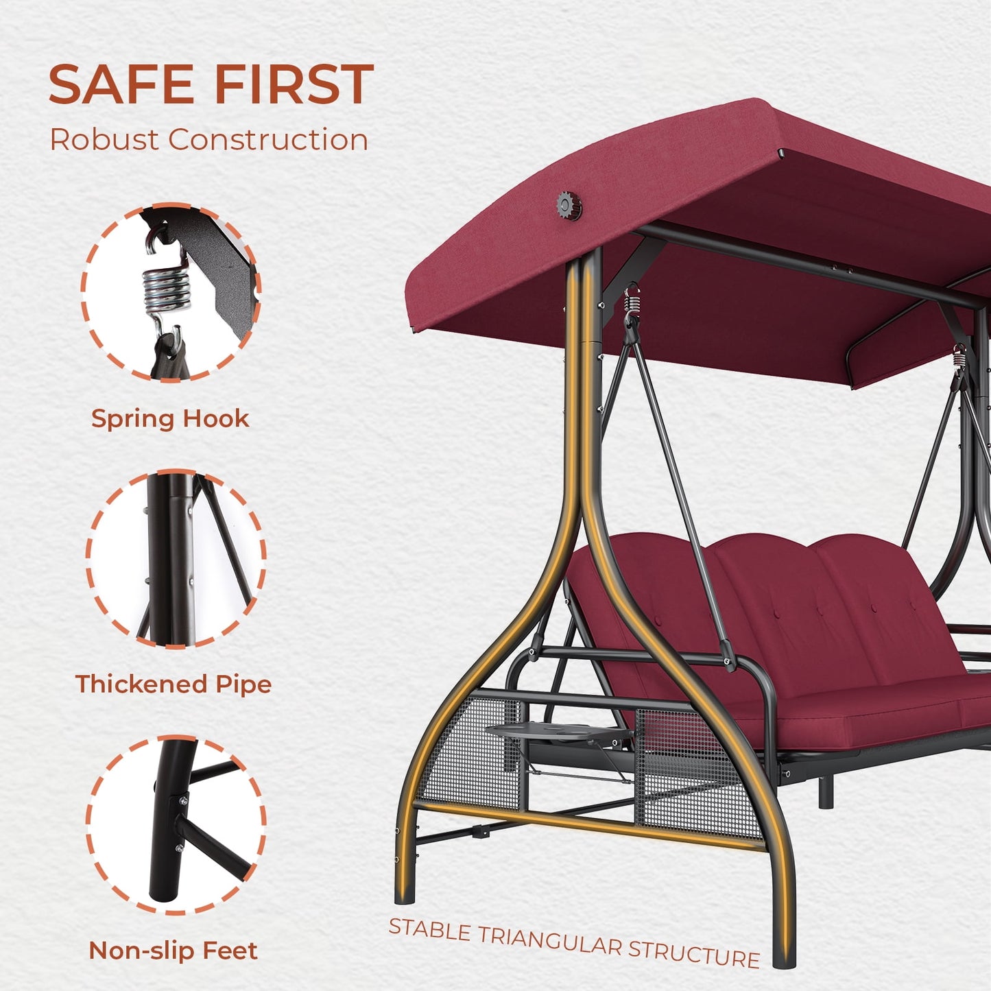 Pirecart Patio Porch Swing, 3 Seat Porch Swing with Stand and Adjustable Canopy, Outdoor Swing with Cup Holder & 180° Reclining Chair Back for Yard Garden Deck