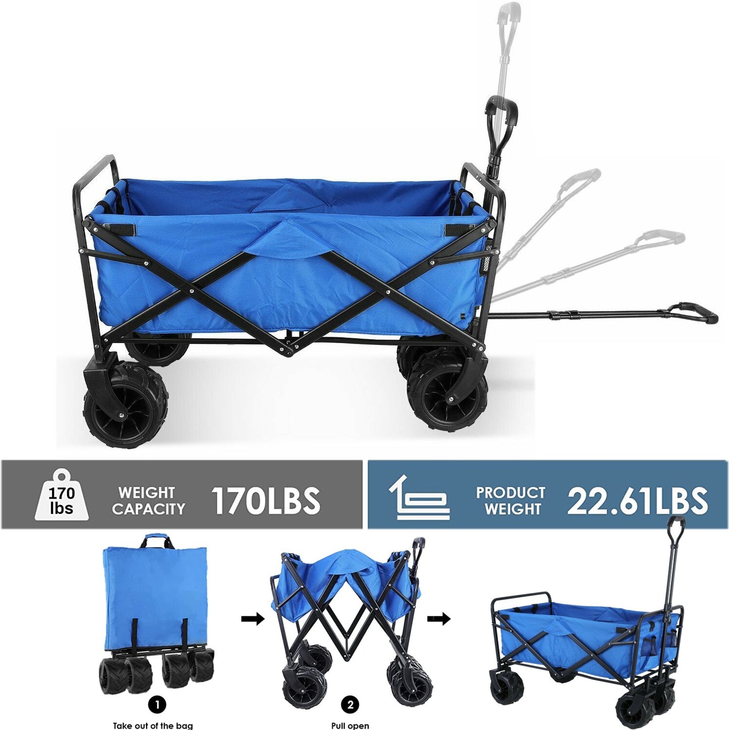 pirecart Heavy Duty Collapsible Wagon, Outdoor Foldable Beach Utility Cart w/ Big Wheels Large Capacity Folding Camping Grocery Cart