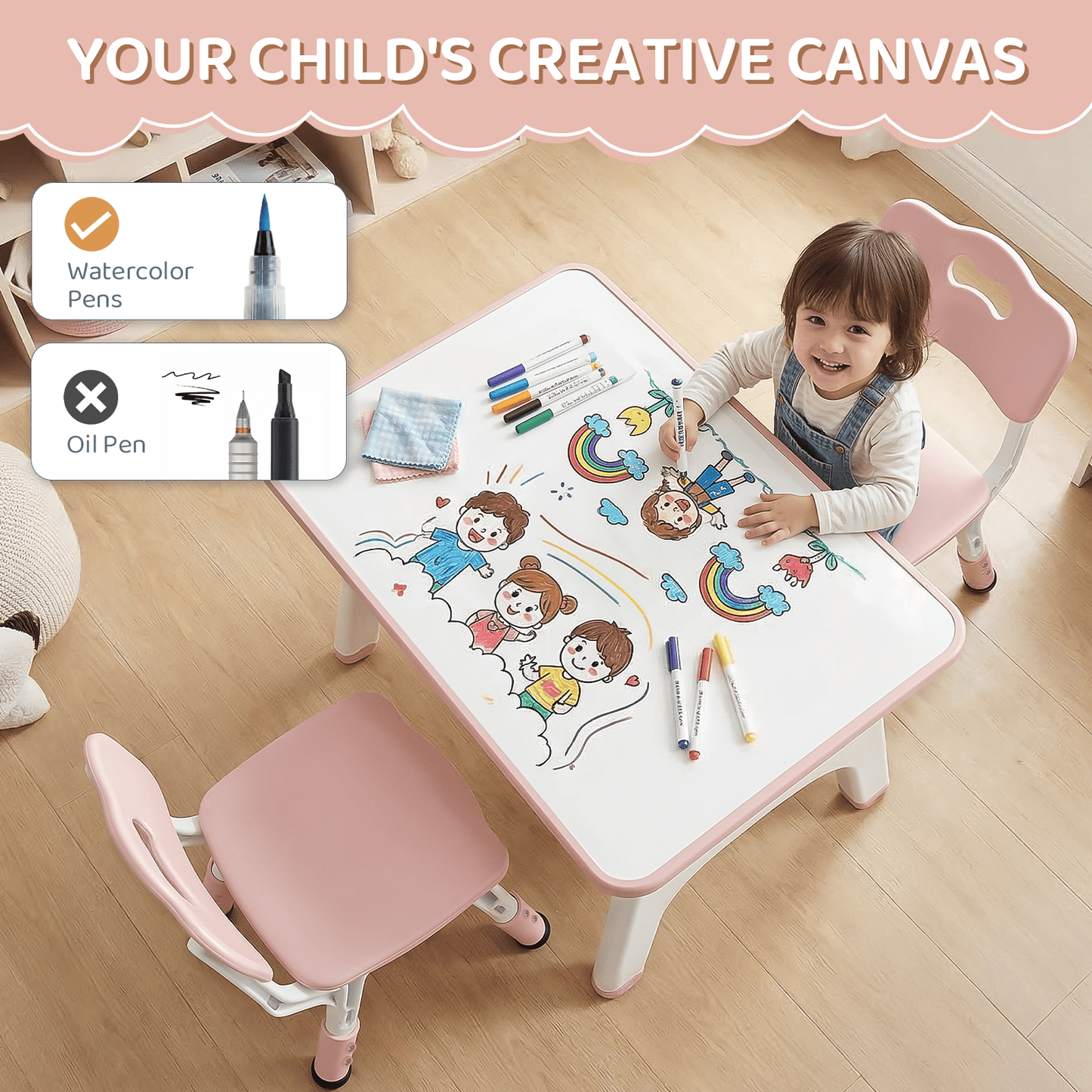 Pirecart Kids Table and 2 Chairs Set, Toddler Activity Table with Graffiti Desktop & Adjustable Height Toddler Chair, Children Activity Table with Large Built-in Storage